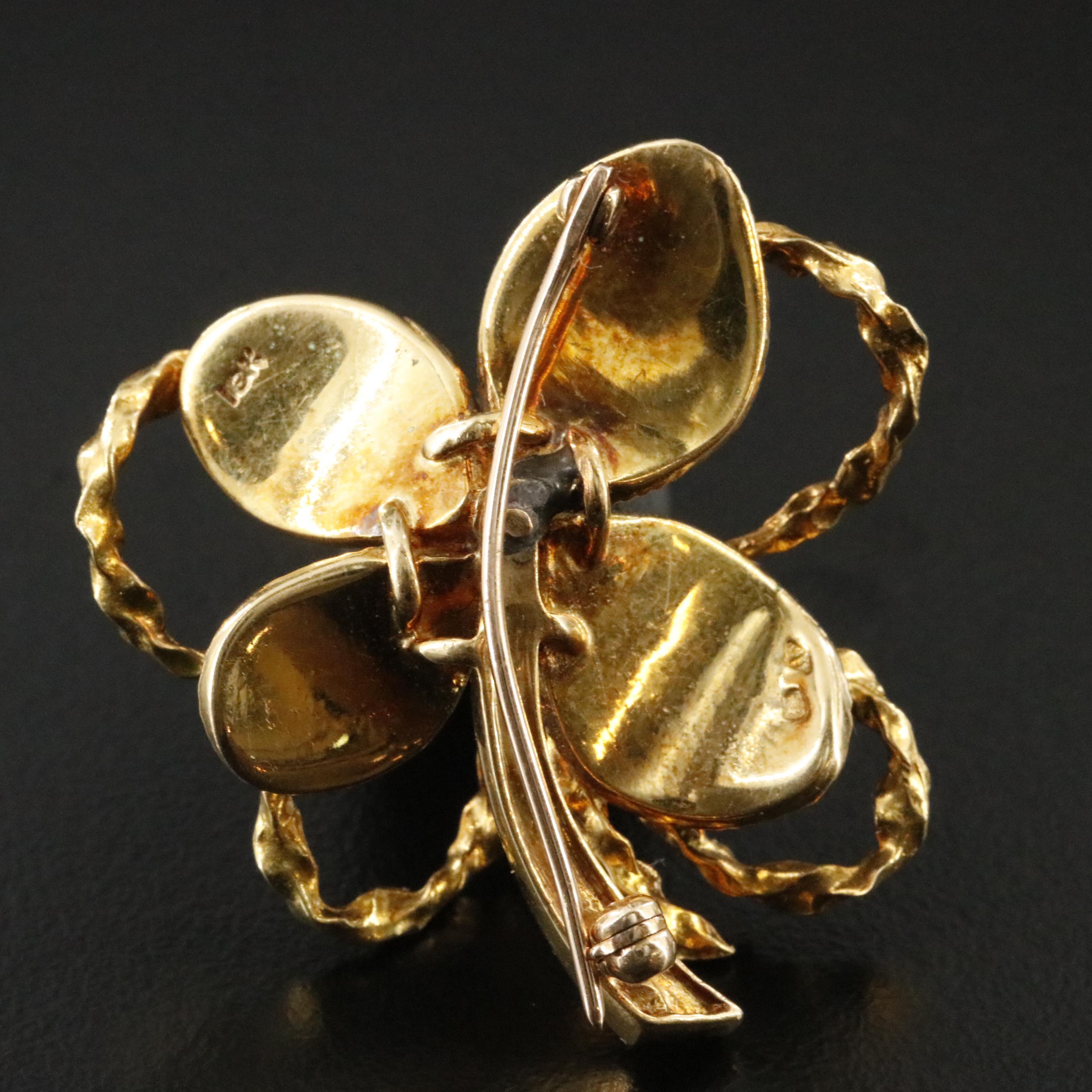 18K 0.06 CT Diamond and Enamel Four Leaf Clover Brooch