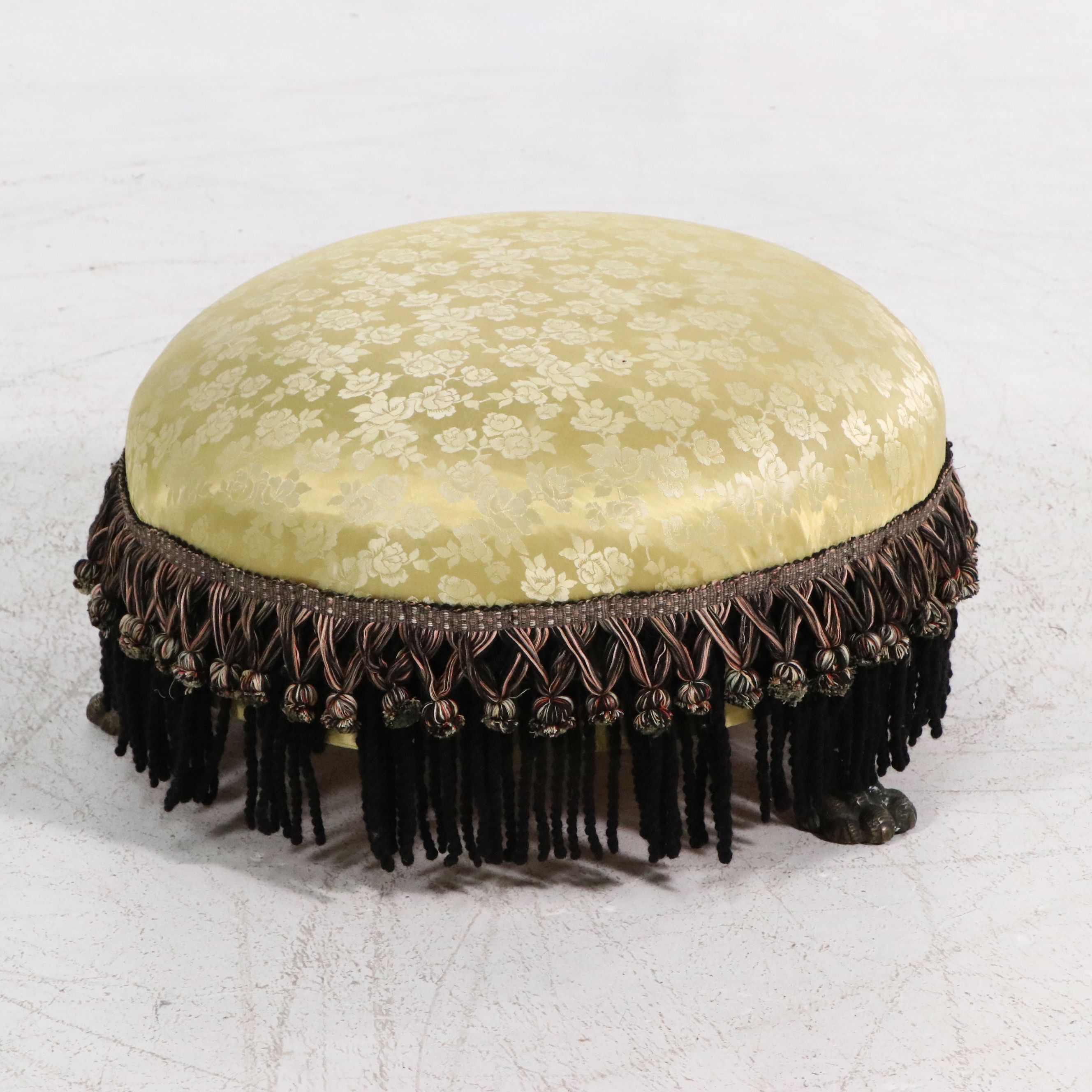 Empire Style Damask Upholstered Footstool with Bronze Paw Feet