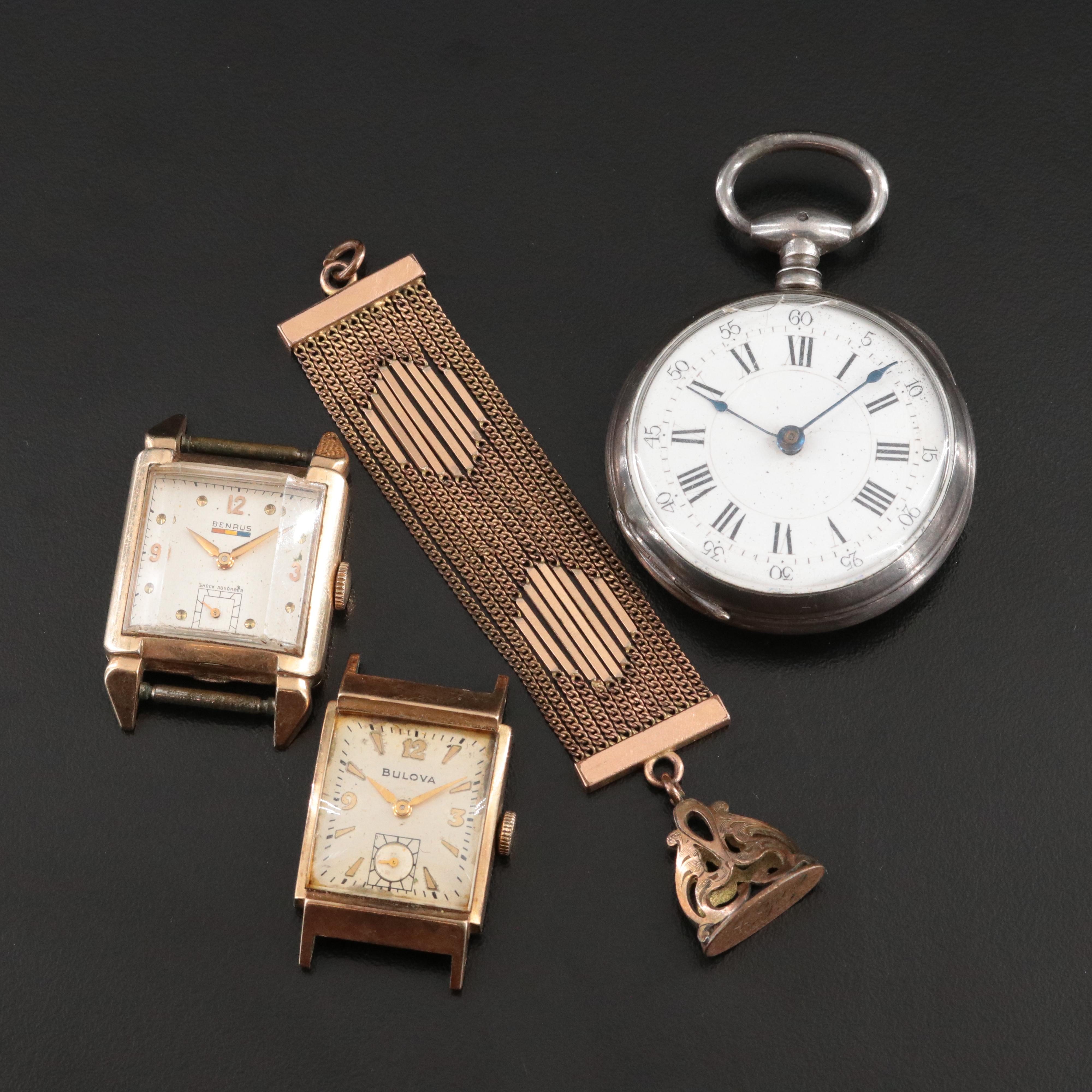 Benrus and Bulova Watches with Key Wind & Set Pocket Watch and Rose Tone Fob