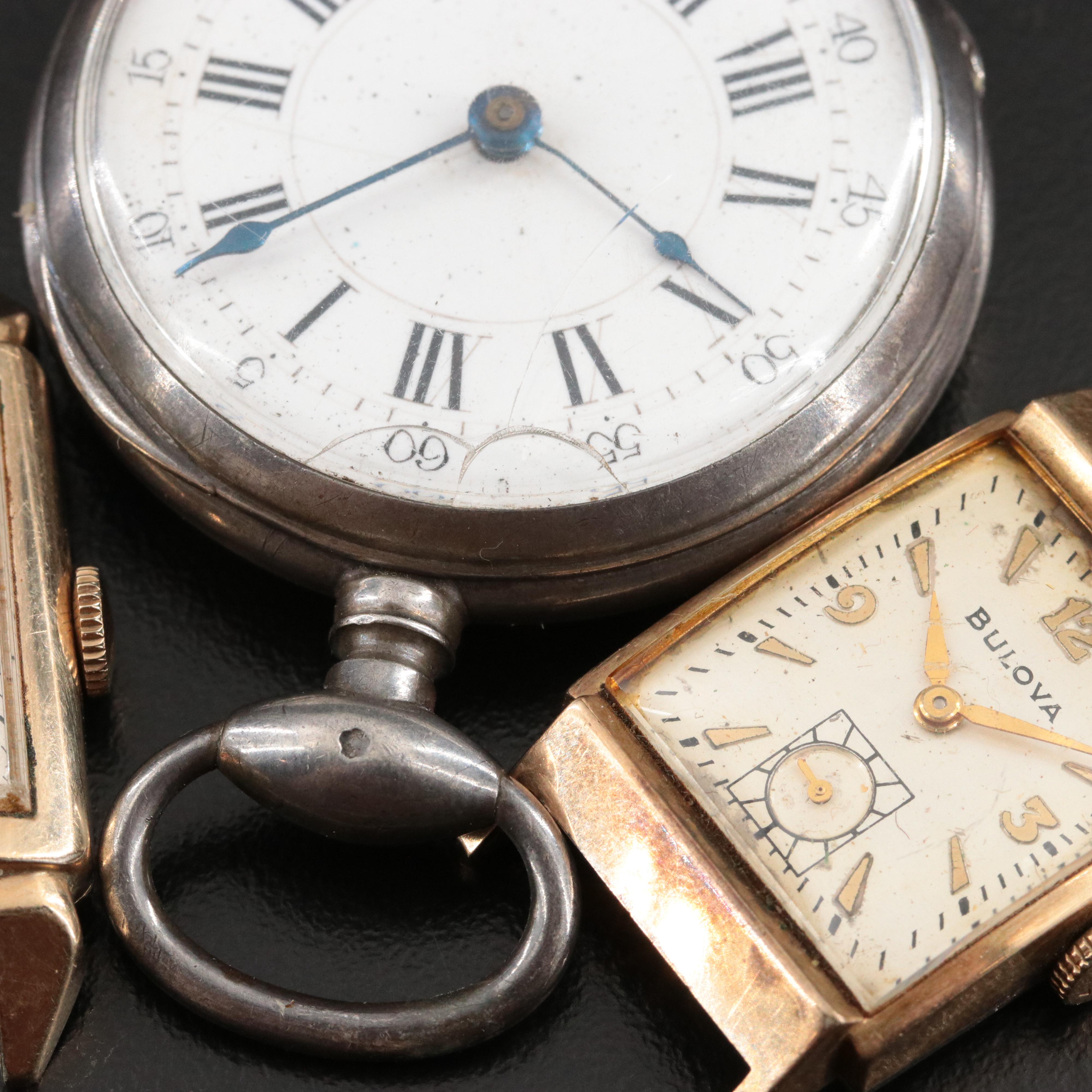 Benrus and Bulova Watches with Key Wind & Set Pocket Watch and Rose Tone Fob