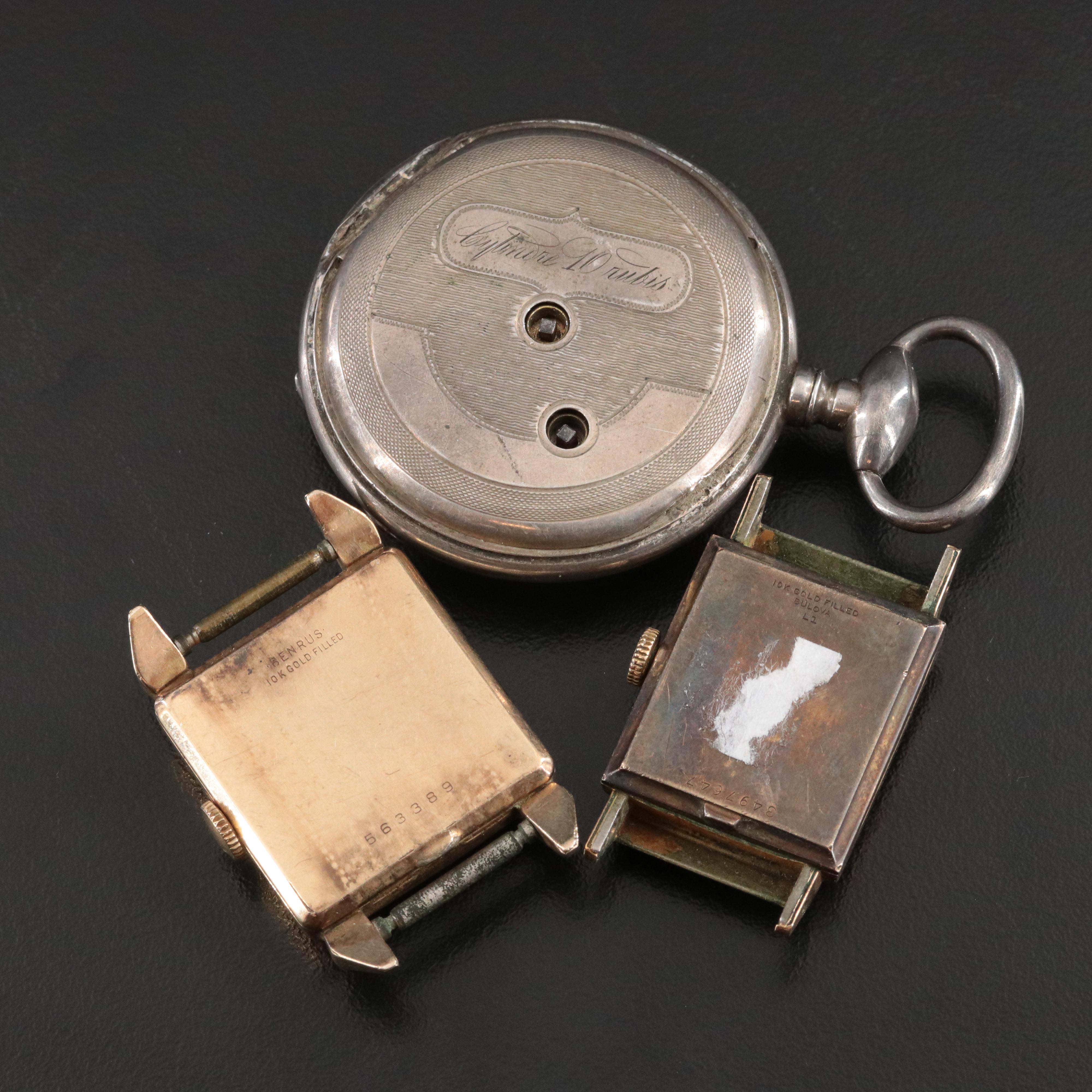 Benrus and Bulova Watches with Key Wind & Set Pocket Watch and Rose Tone Fob