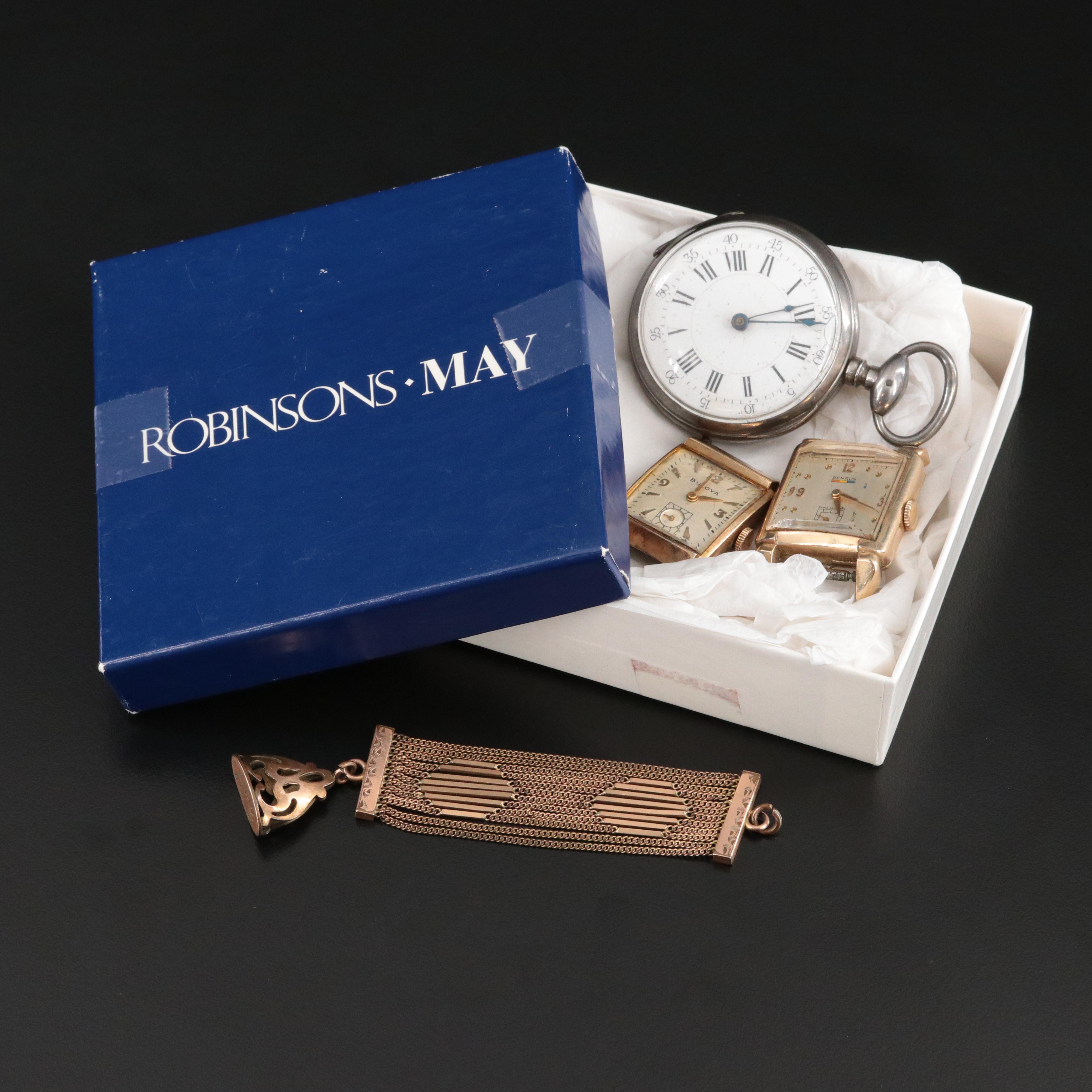 Benrus and Bulova Watches with Key Wind & Set Pocket Watch and Rose Tone Fob