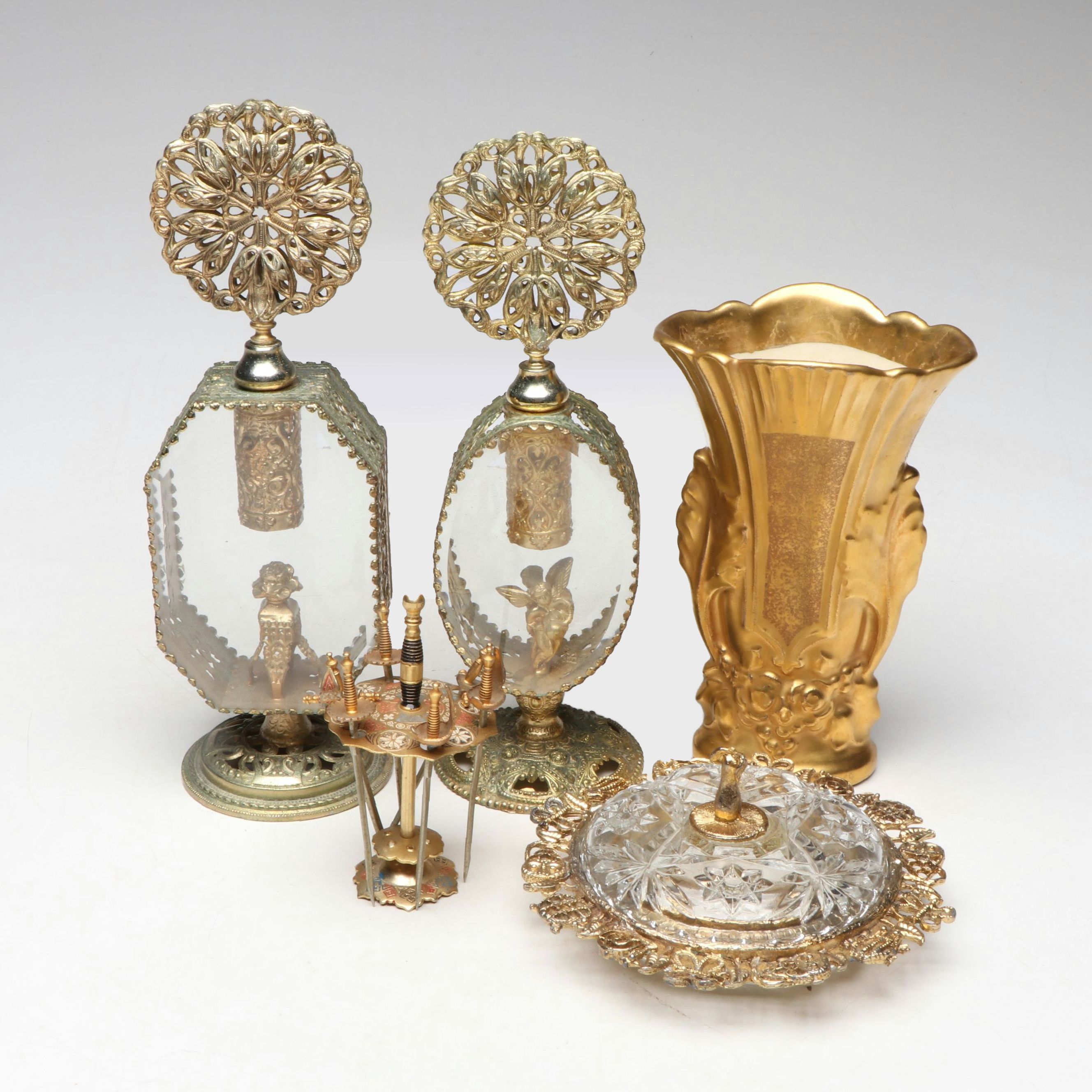 Hollywood Regency Gilt Perfume Bottles, Spanish Cocktail Swords and Other Décor