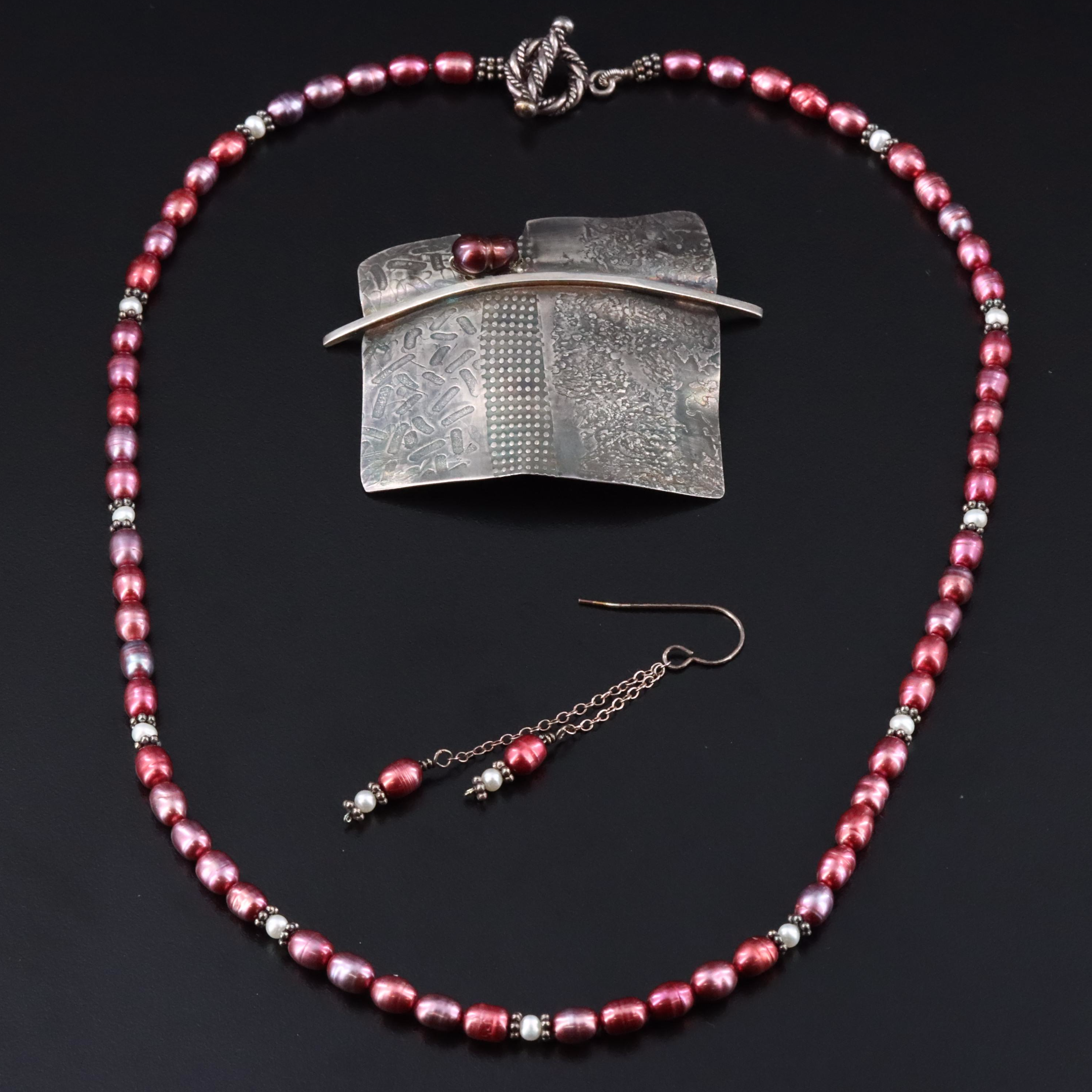 Sterling Pearl Necklace, Signed Brooch and Single Earring