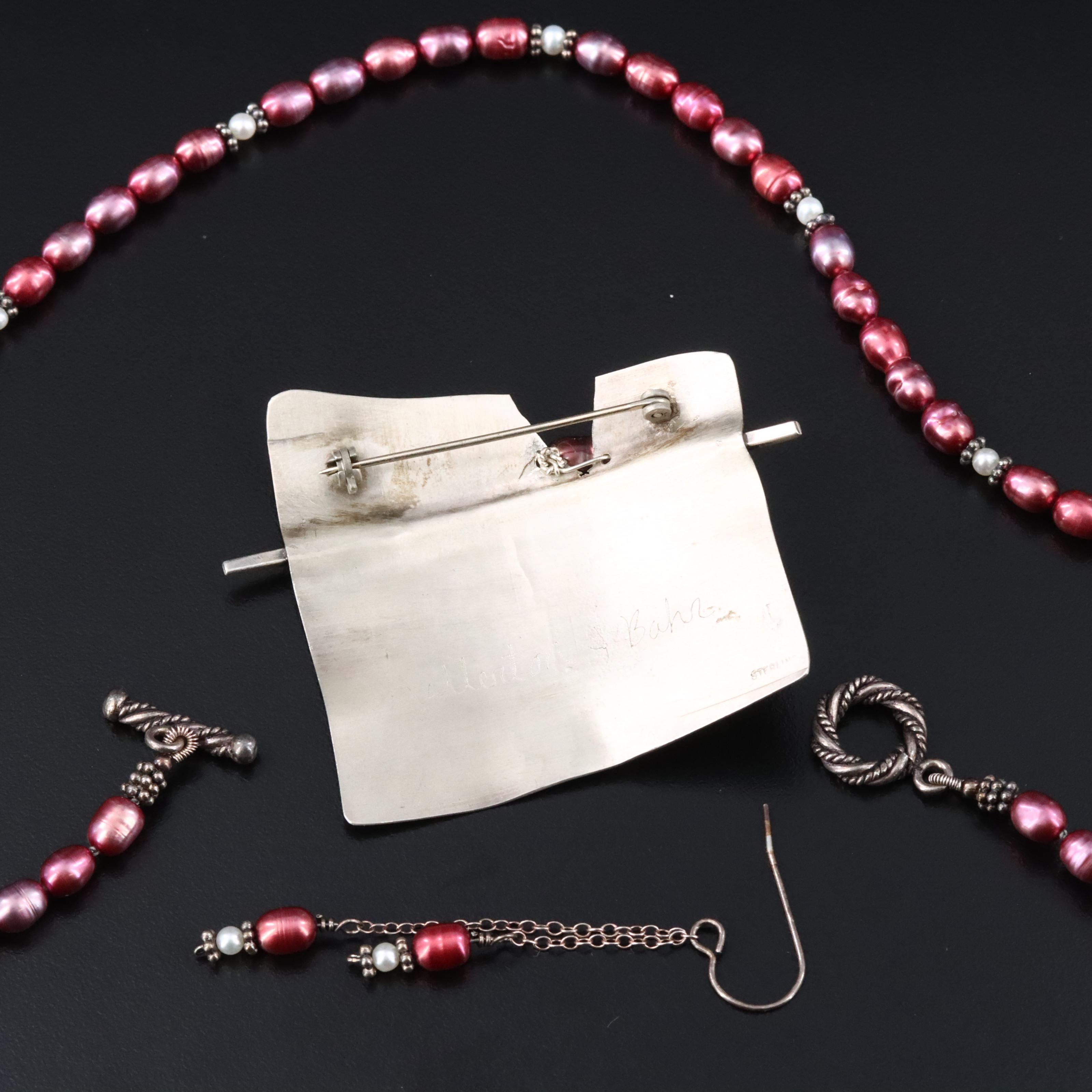 Sterling Pearl Necklace, Signed Brooch and Single Earring