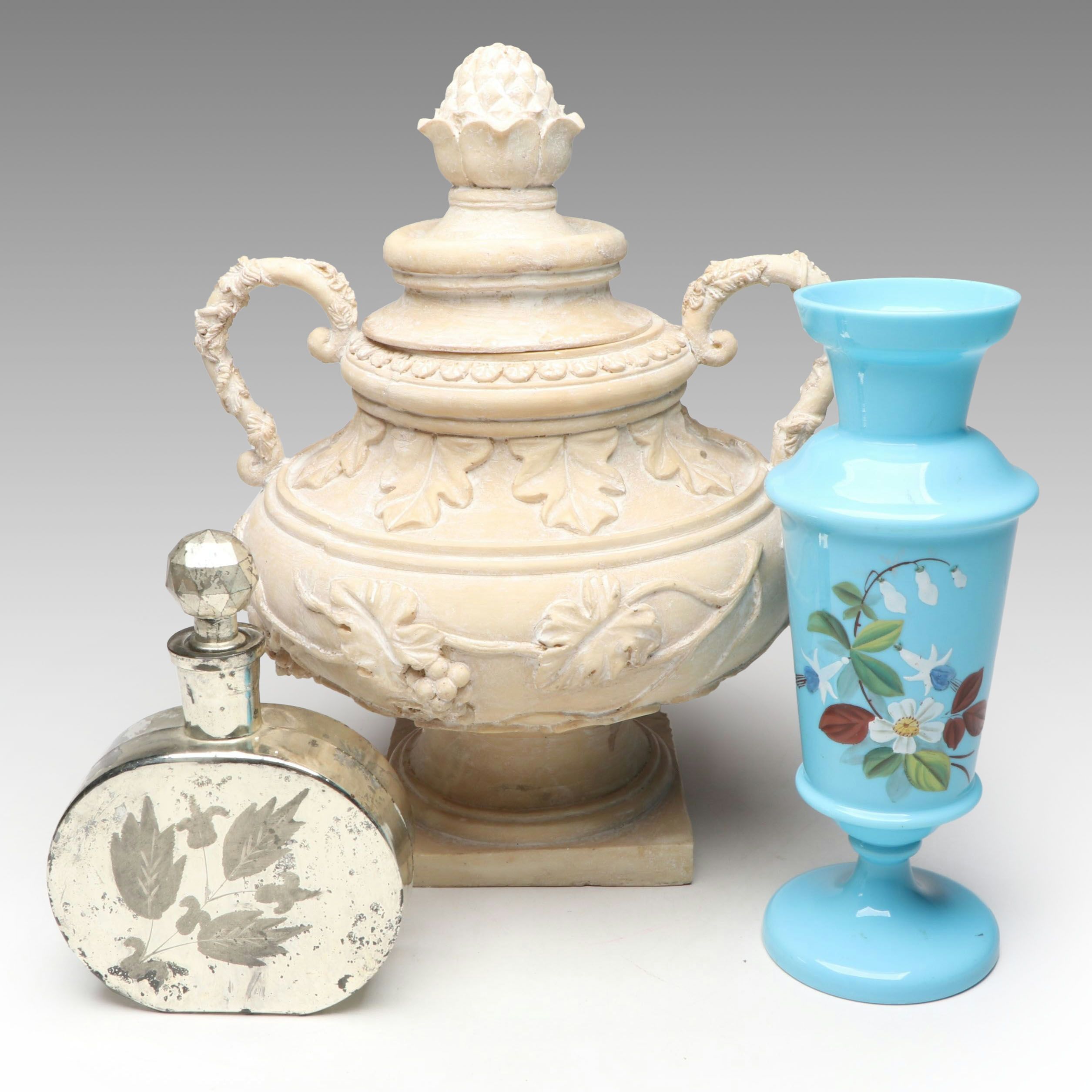 Hand-Painted Opaline Glass Vase with Mercury Glass Flask and Urn