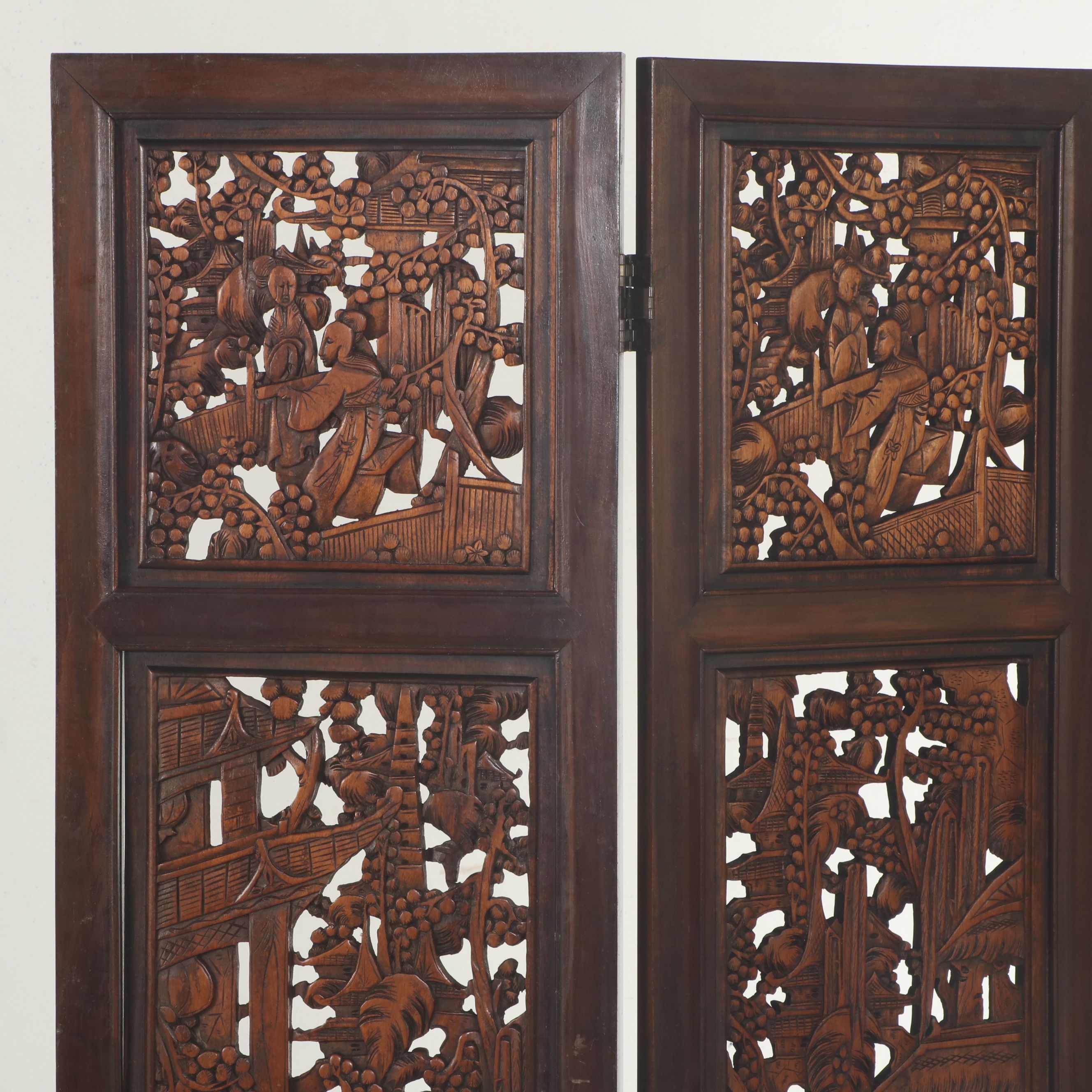Chinese Reticulated Carved Wood Four-Panel Room Screen