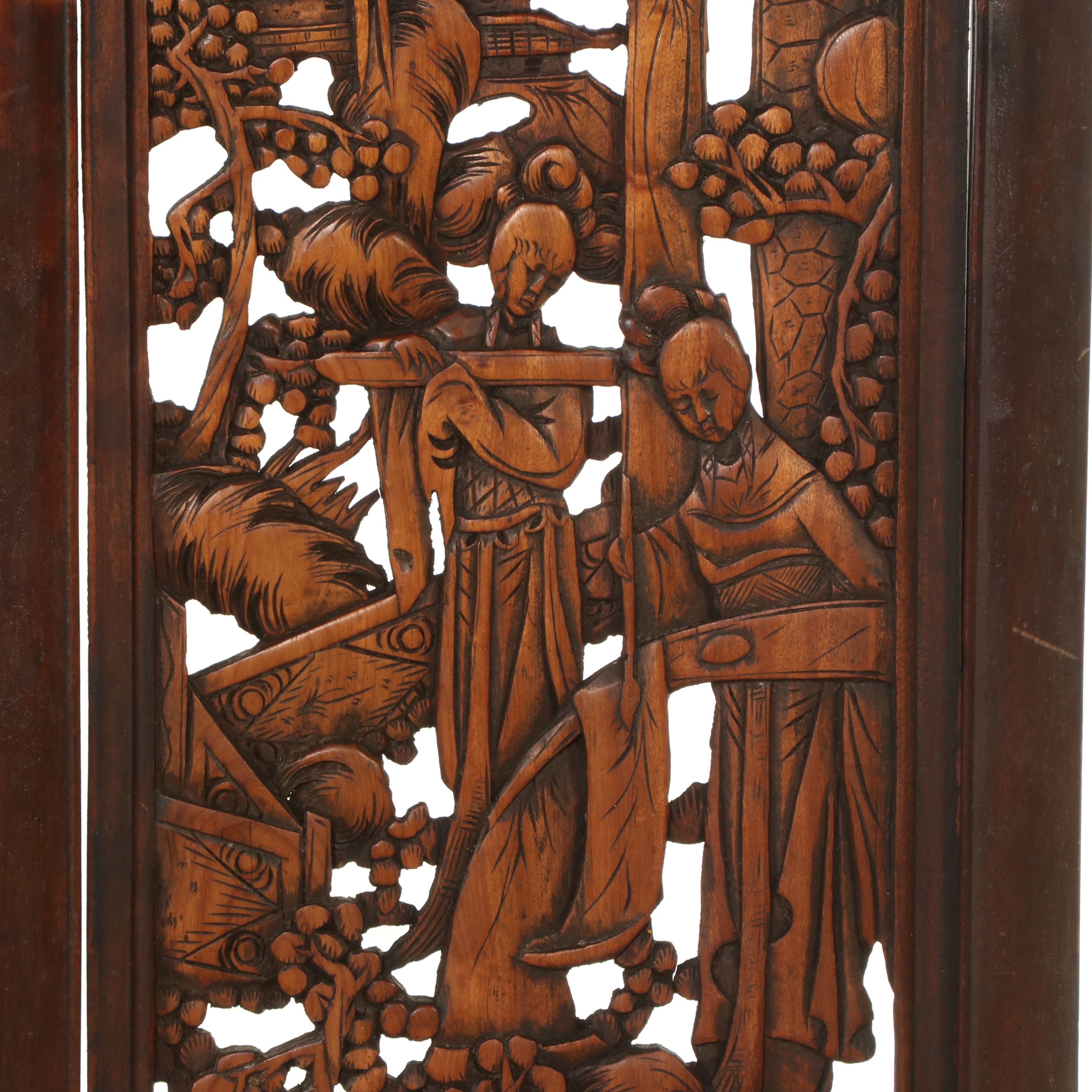 Chinese Reticulated Carved Wood Four-Panel Room Screen