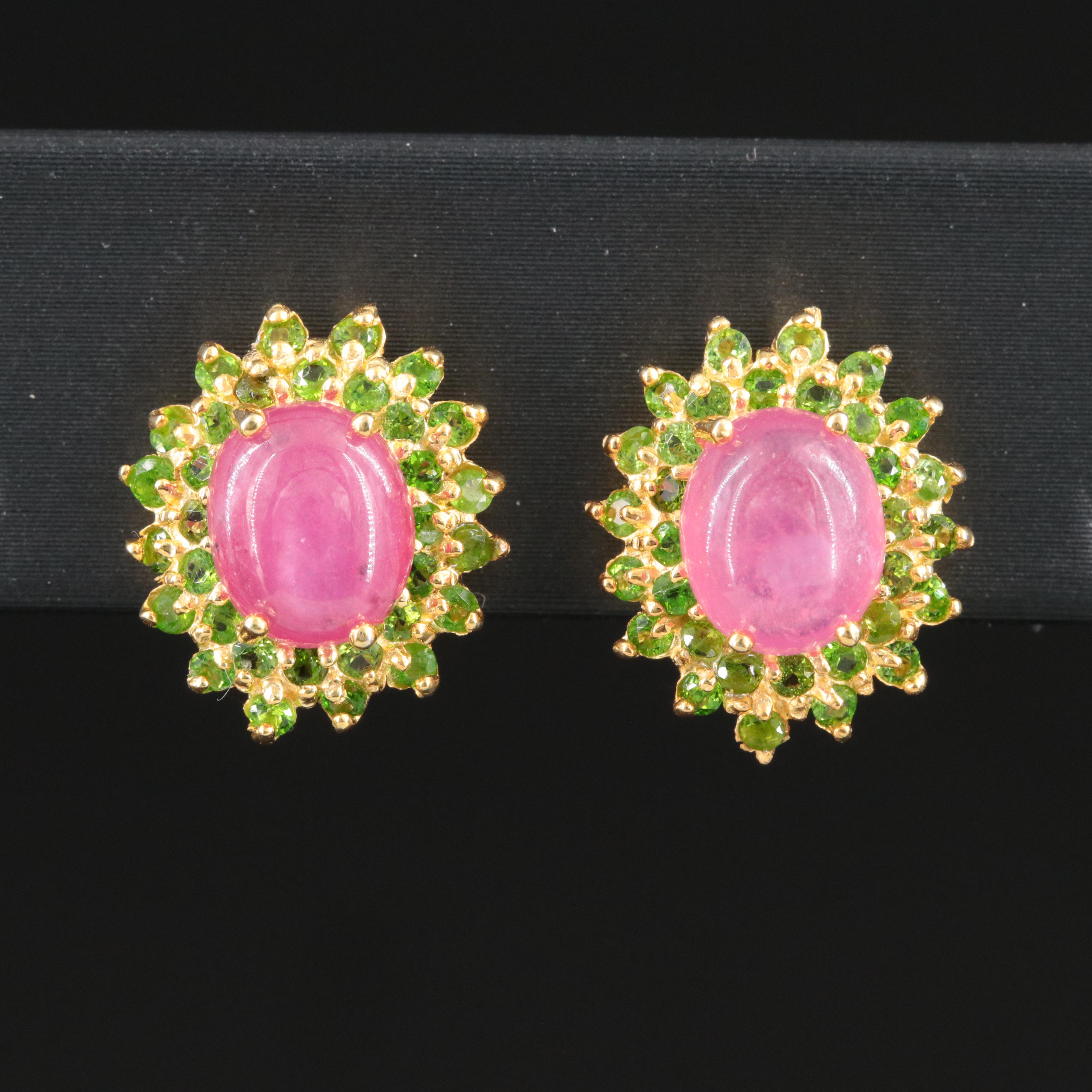 Sterling Filled Ruby and Tsavorite Halo Earrings
