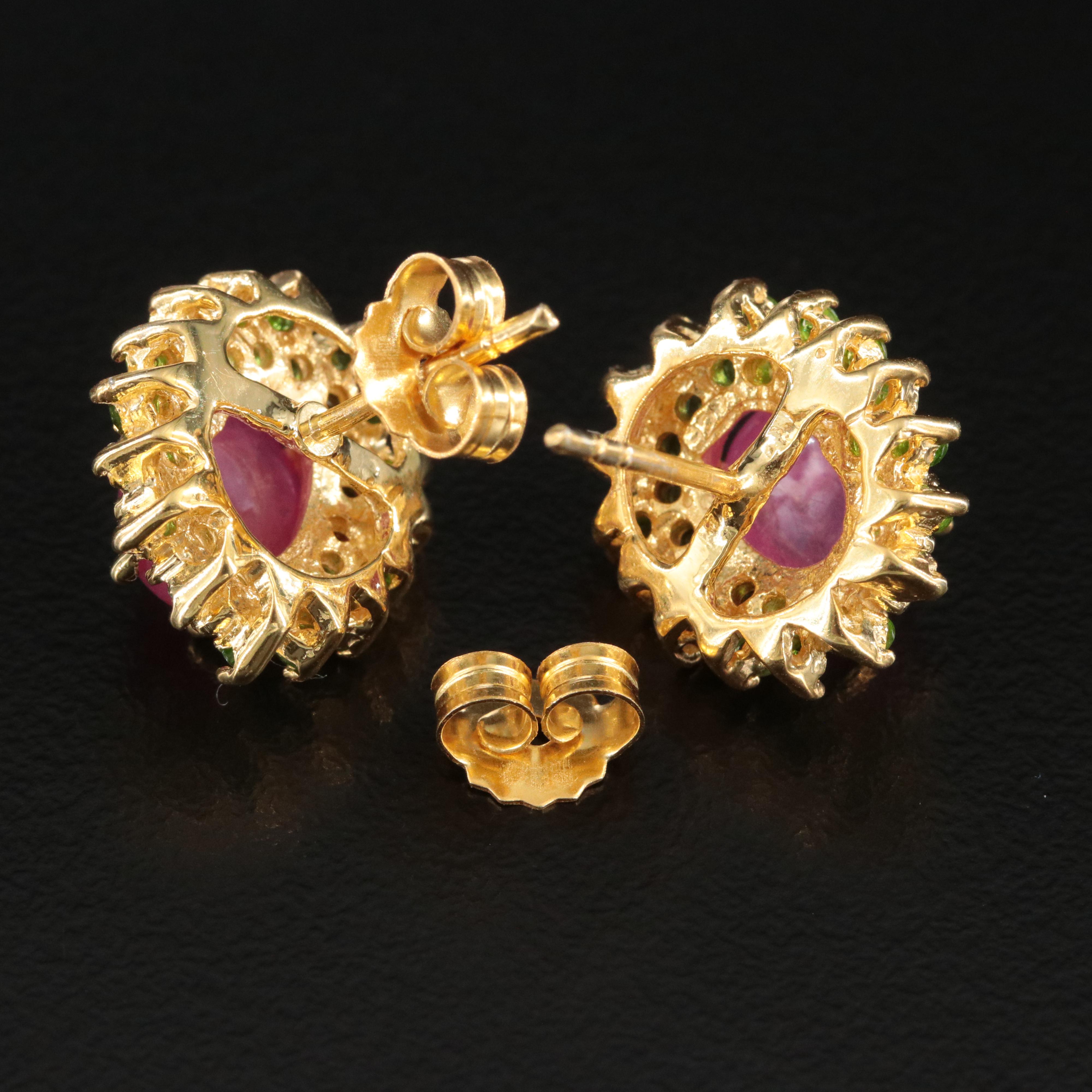 Sterling Filled Ruby and Tsavorite Halo Earrings