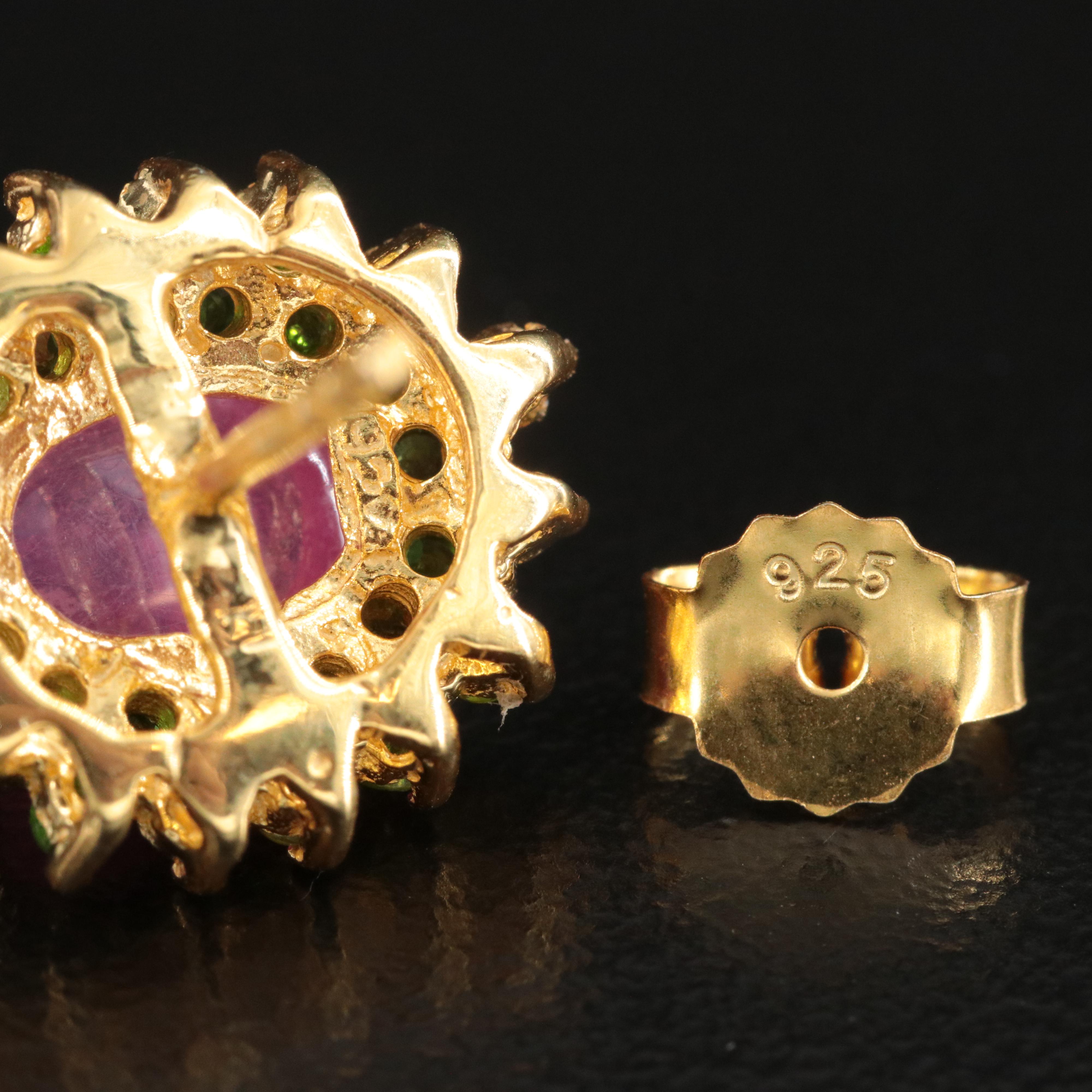 Sterling Filled Ruby and Tsavorite Halo Earrings