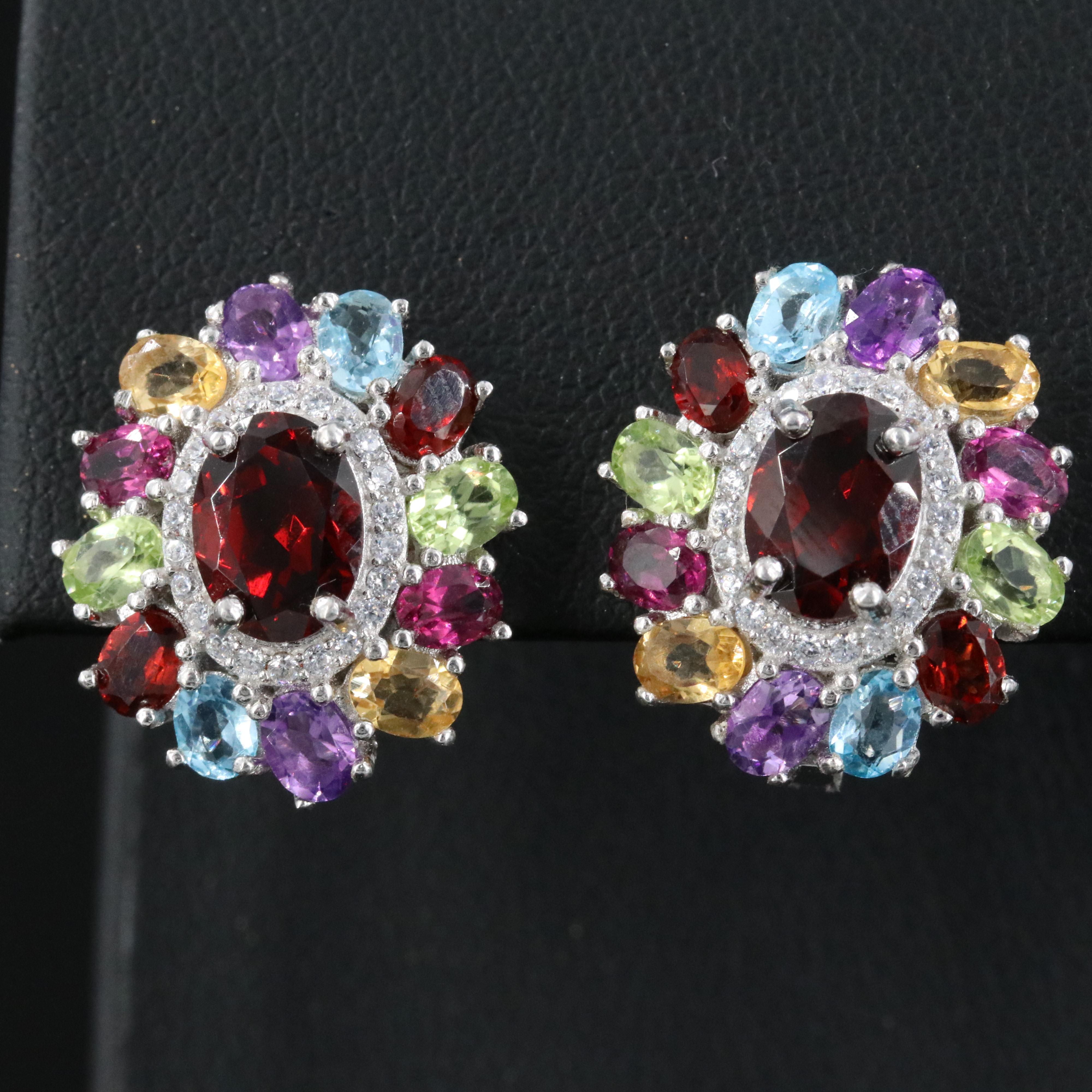 Sterling Garnet and Gemstone Floral Earrings