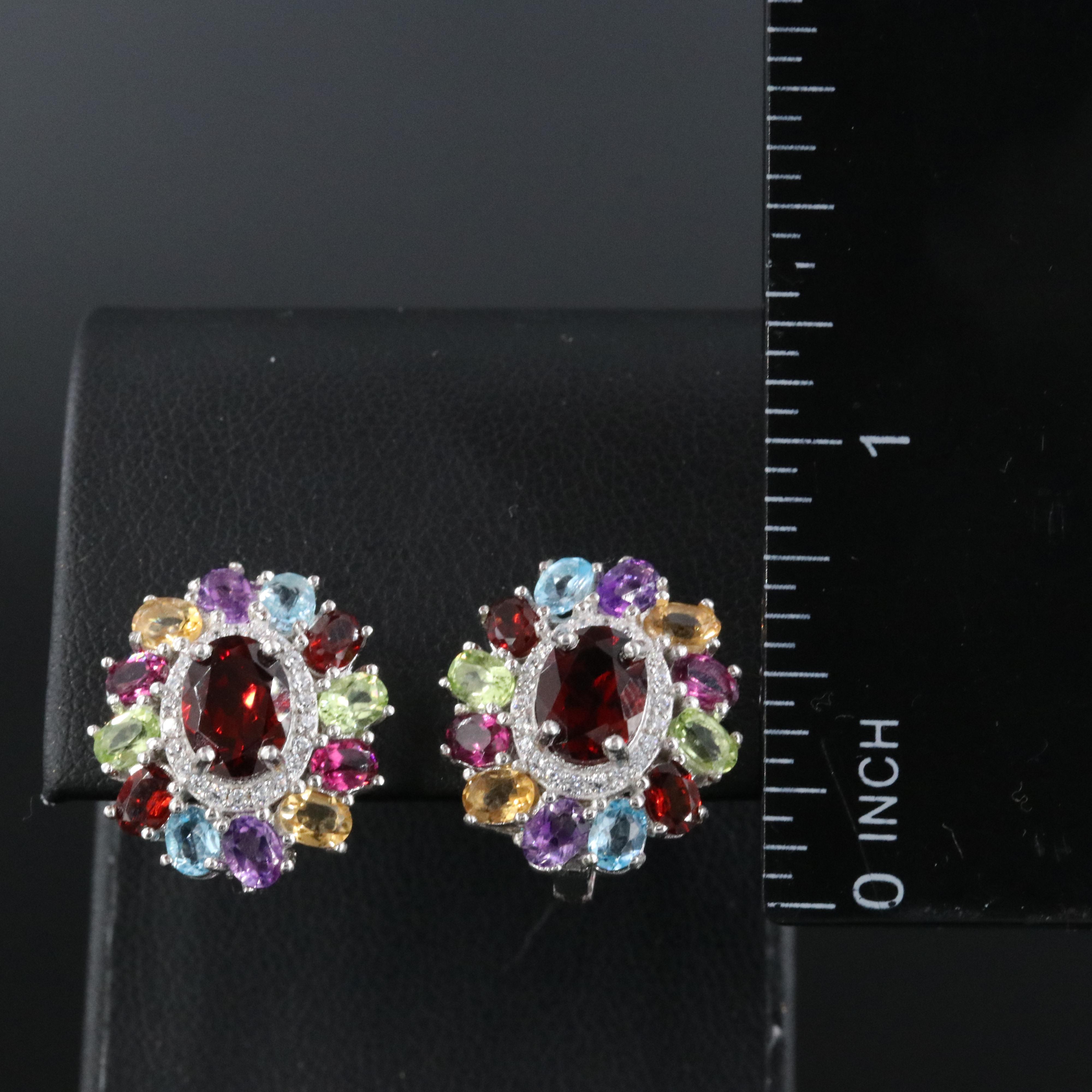 Sterling Garnet and Gemstone Floral Earrings