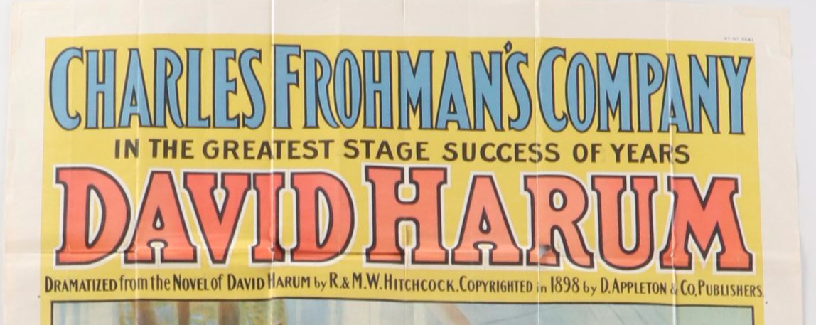 Charles Frohman's Company "David Harum" Lithograph Poster, 1901