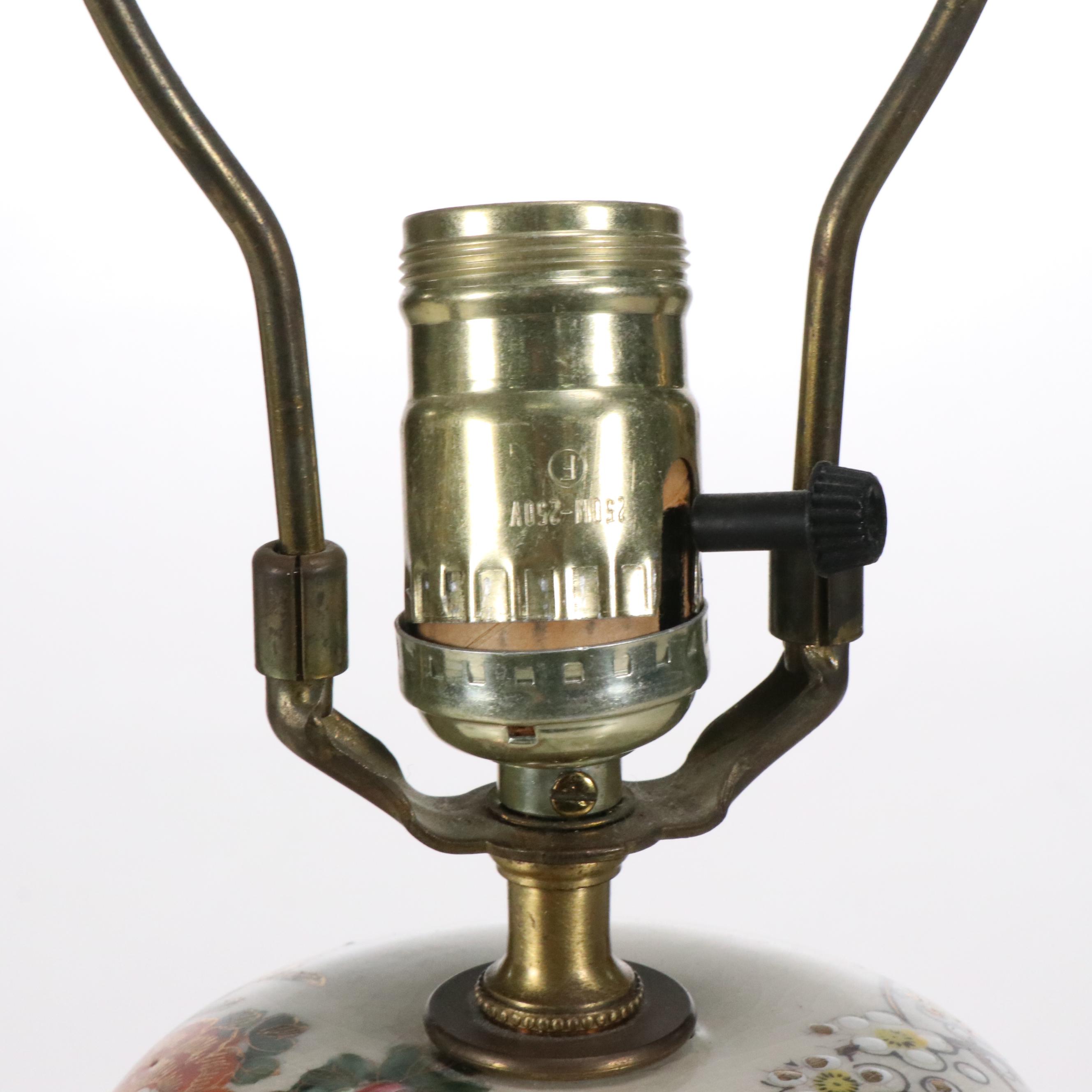 Pair of Satsuma Style Porcelain Ginger Jar Table Lamps with Corset Shades