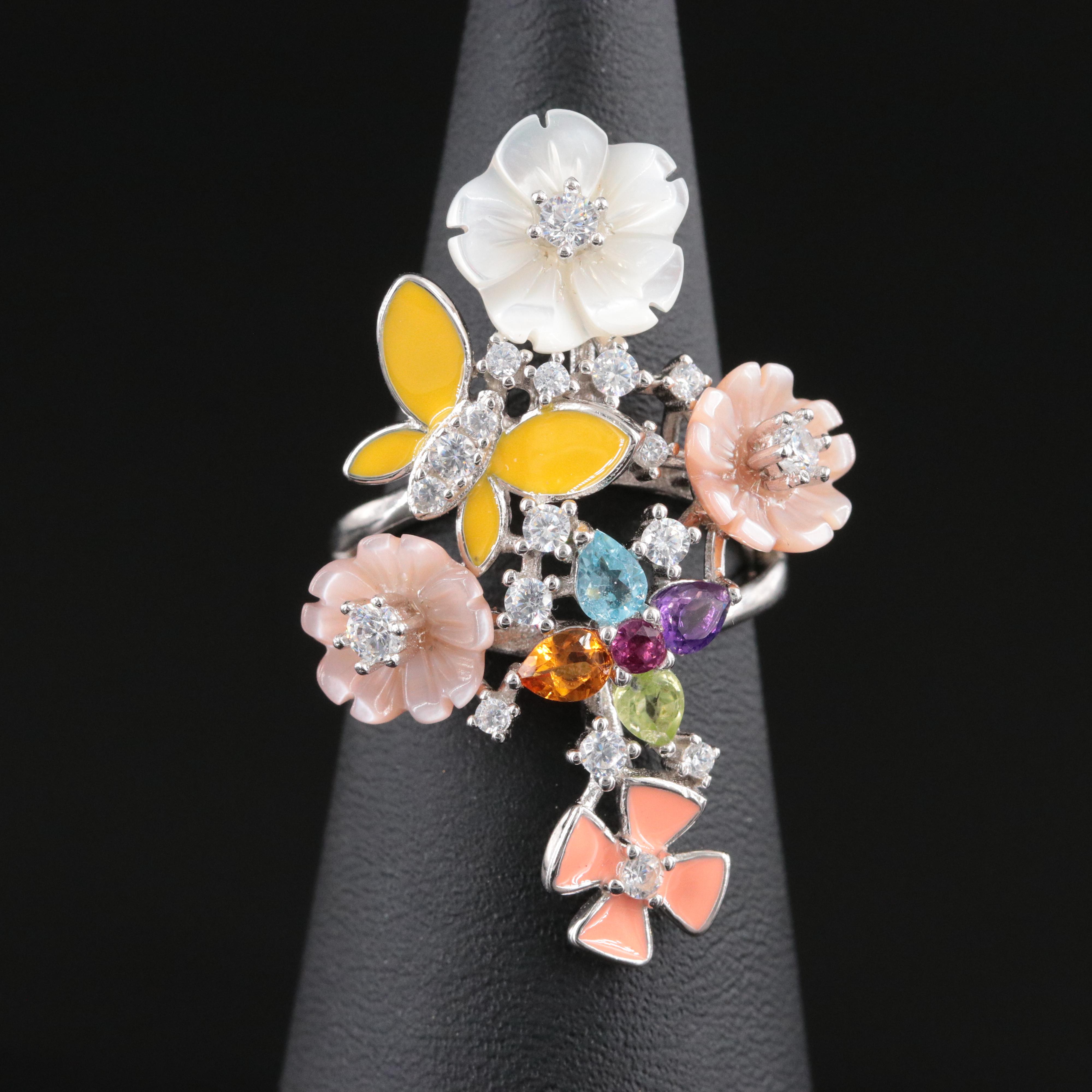 Sterling Gemstone Floral Cluster Ring