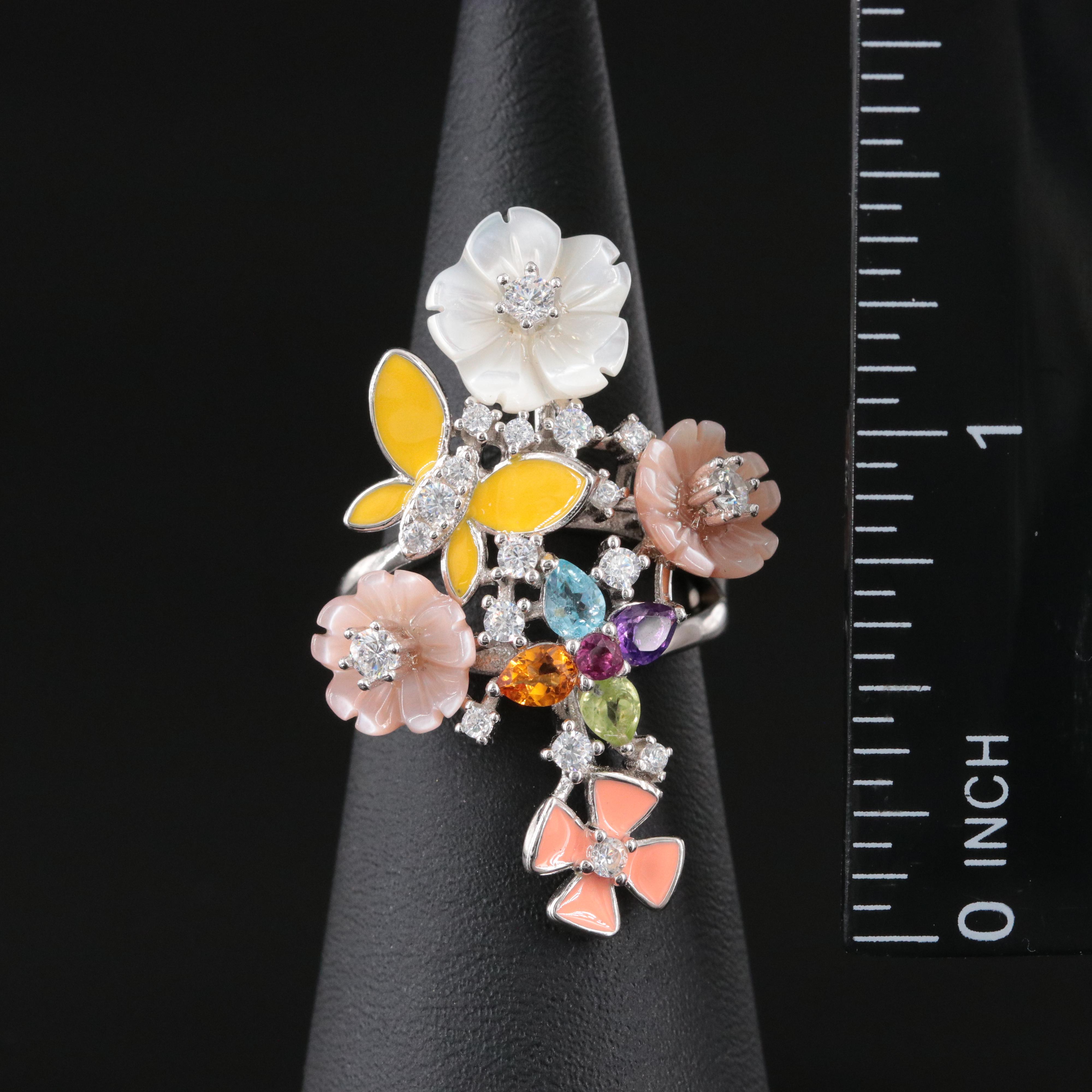 Sterling Gemstone Floral Cluster Ring