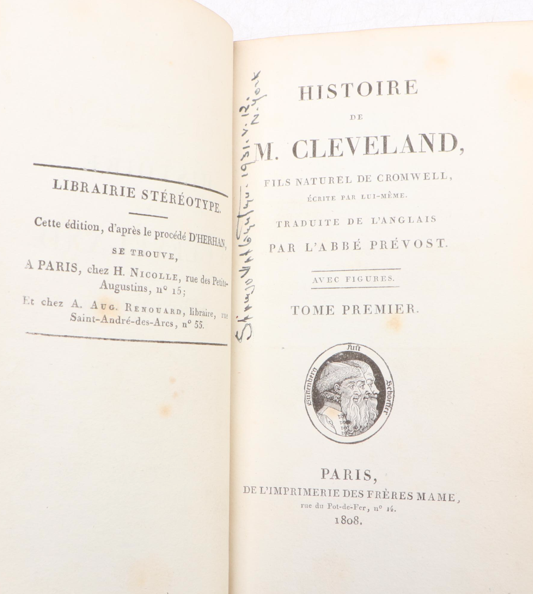 Leather Bound "Histoire de M. Cleveland" Six-Volume Set by l’Abbé Prévost, 1808