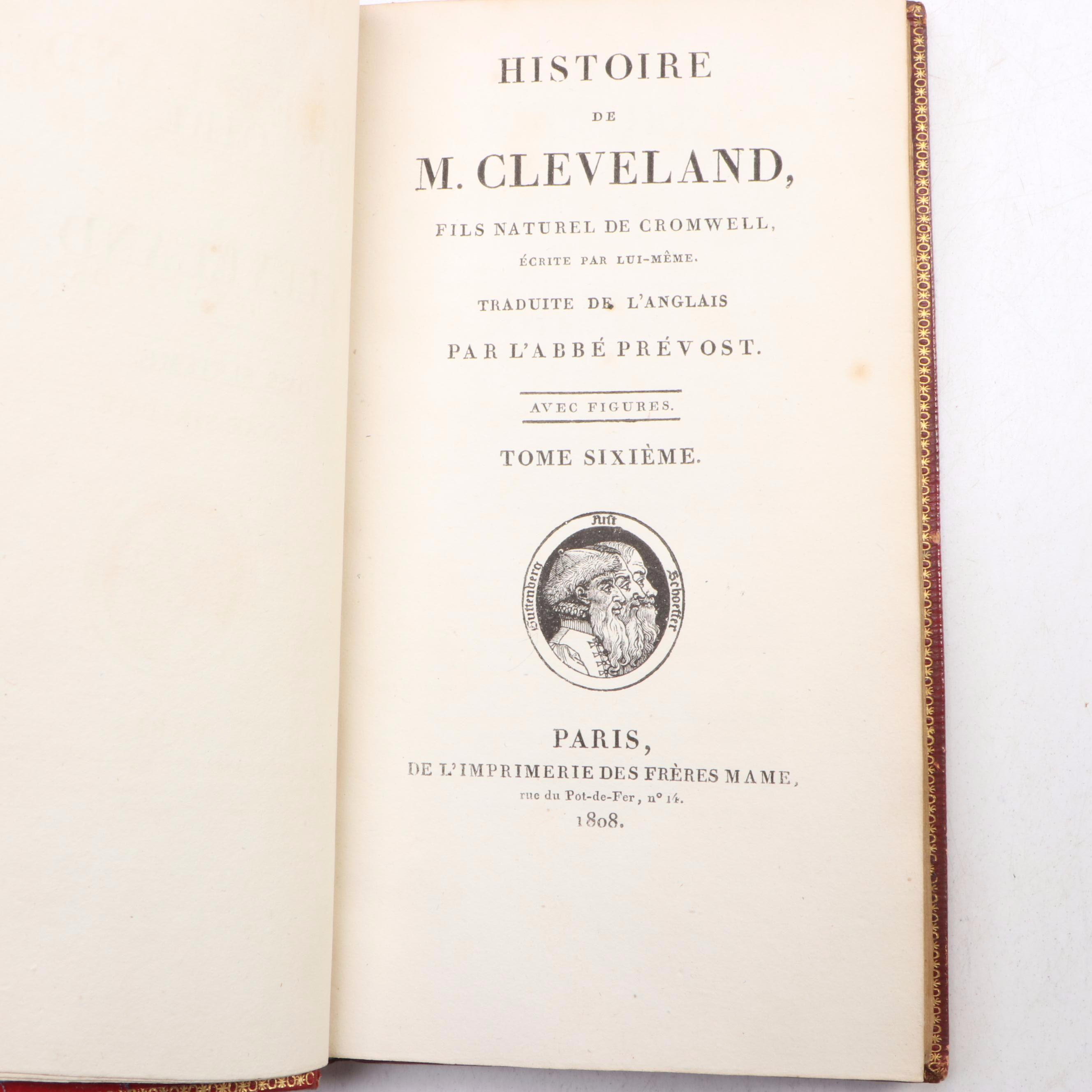 Leather Bound "Histoire de M. Cleveland" Six-Volume Set by l’Abbé Prévost, 1808