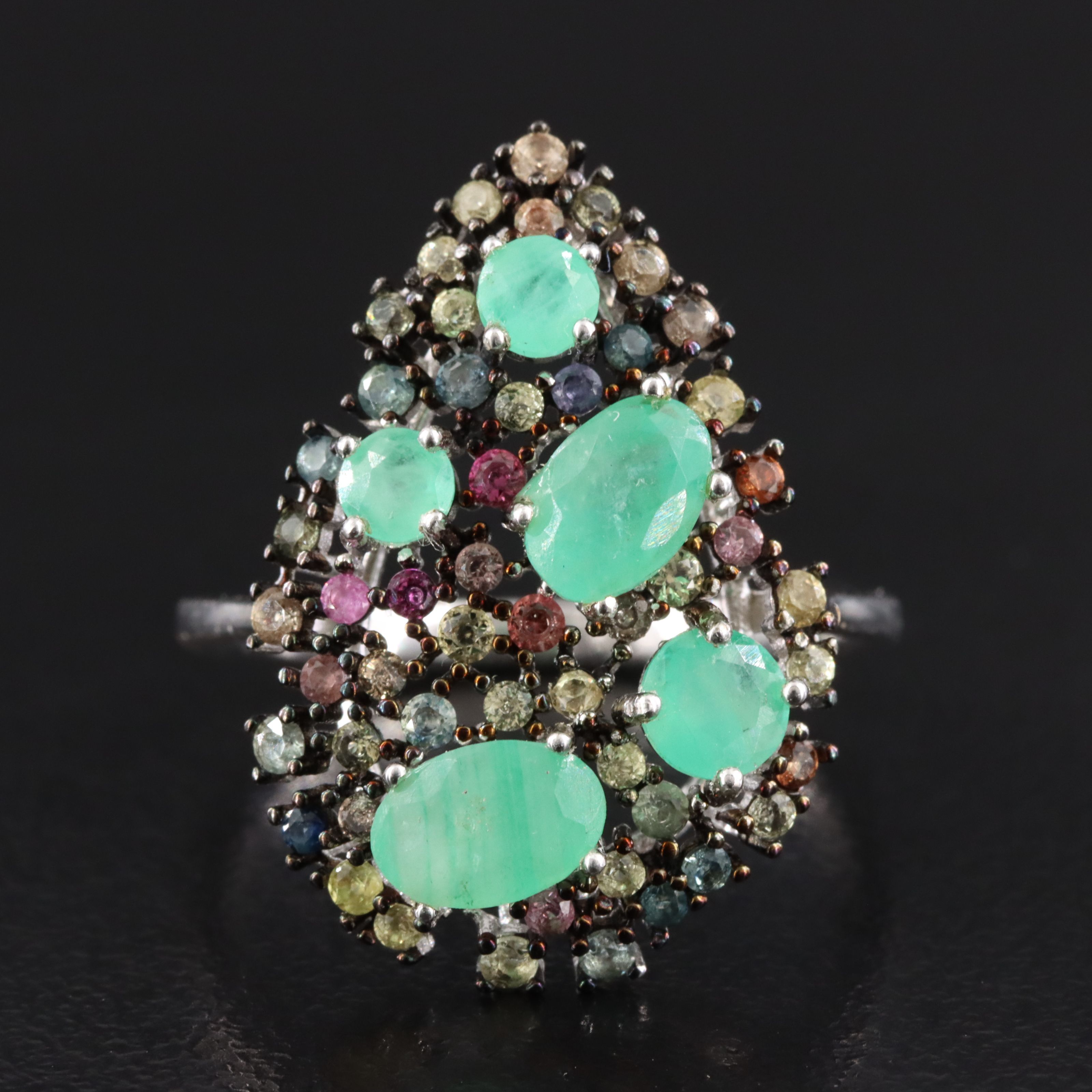 Sterling Emerald and Sapphire Cluster Ring