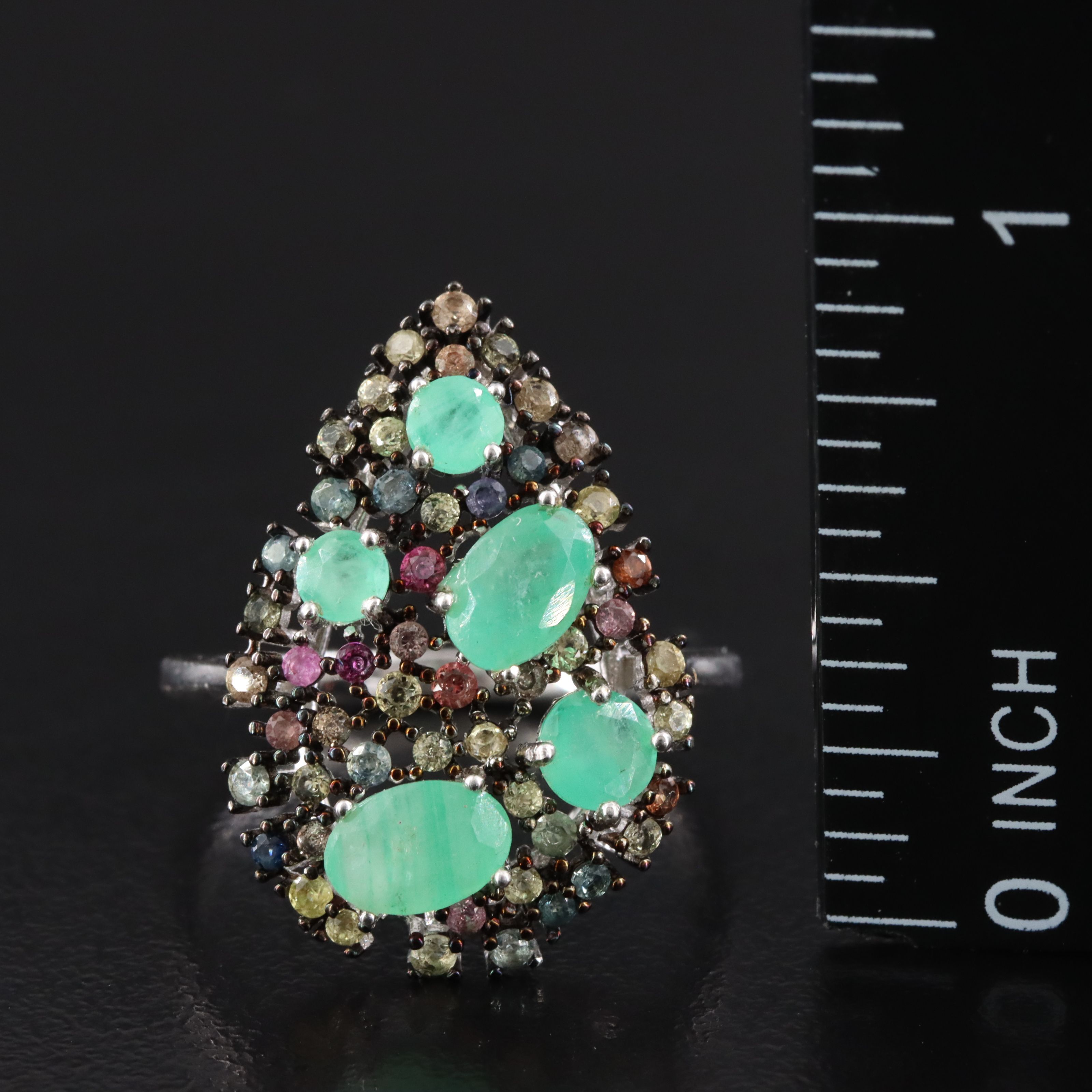 Sterling Emerald and Sapphire Cluster Ring