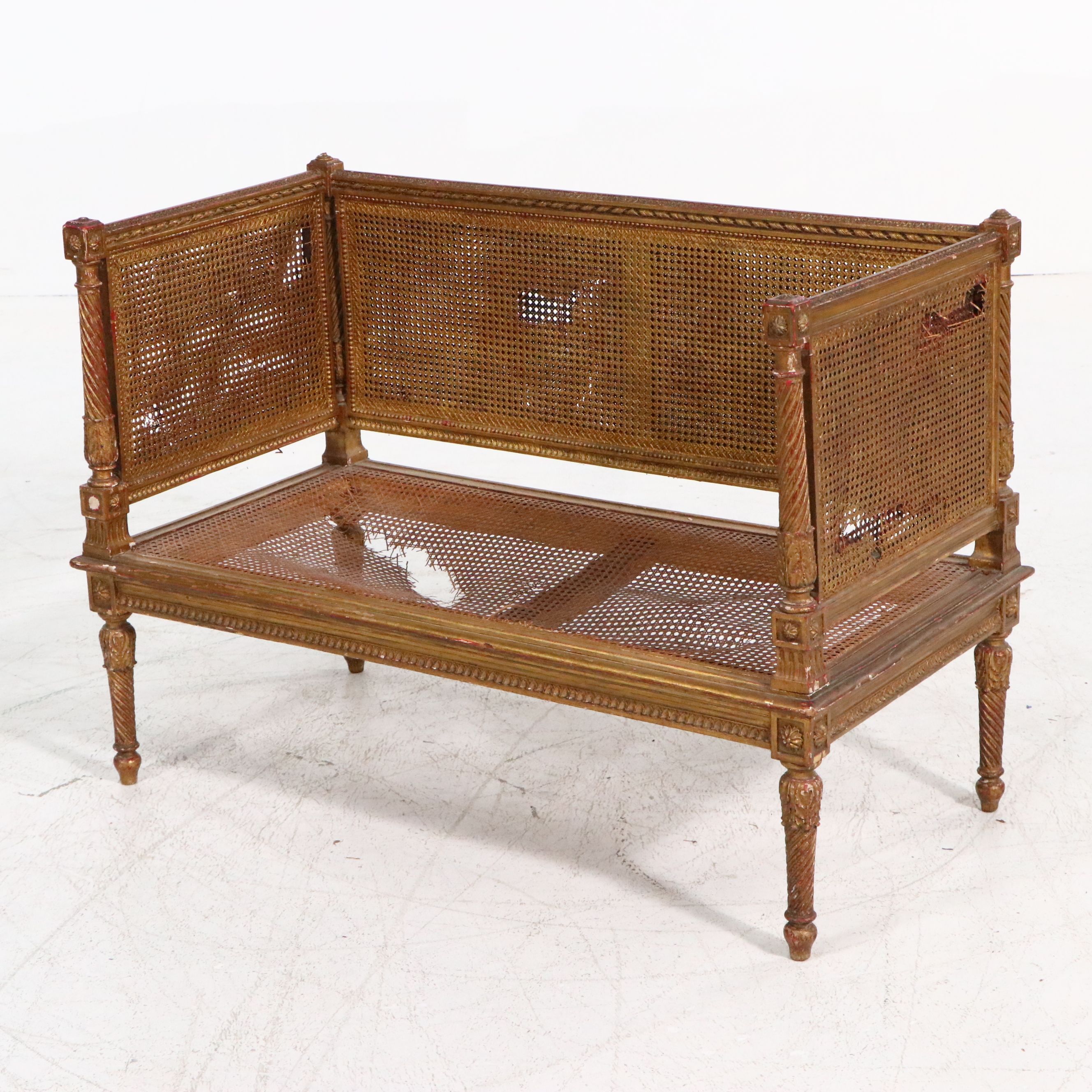 French Louis XVI Style Giltwood and Caned Canapé à Oreilles Settee, Late 19th C.