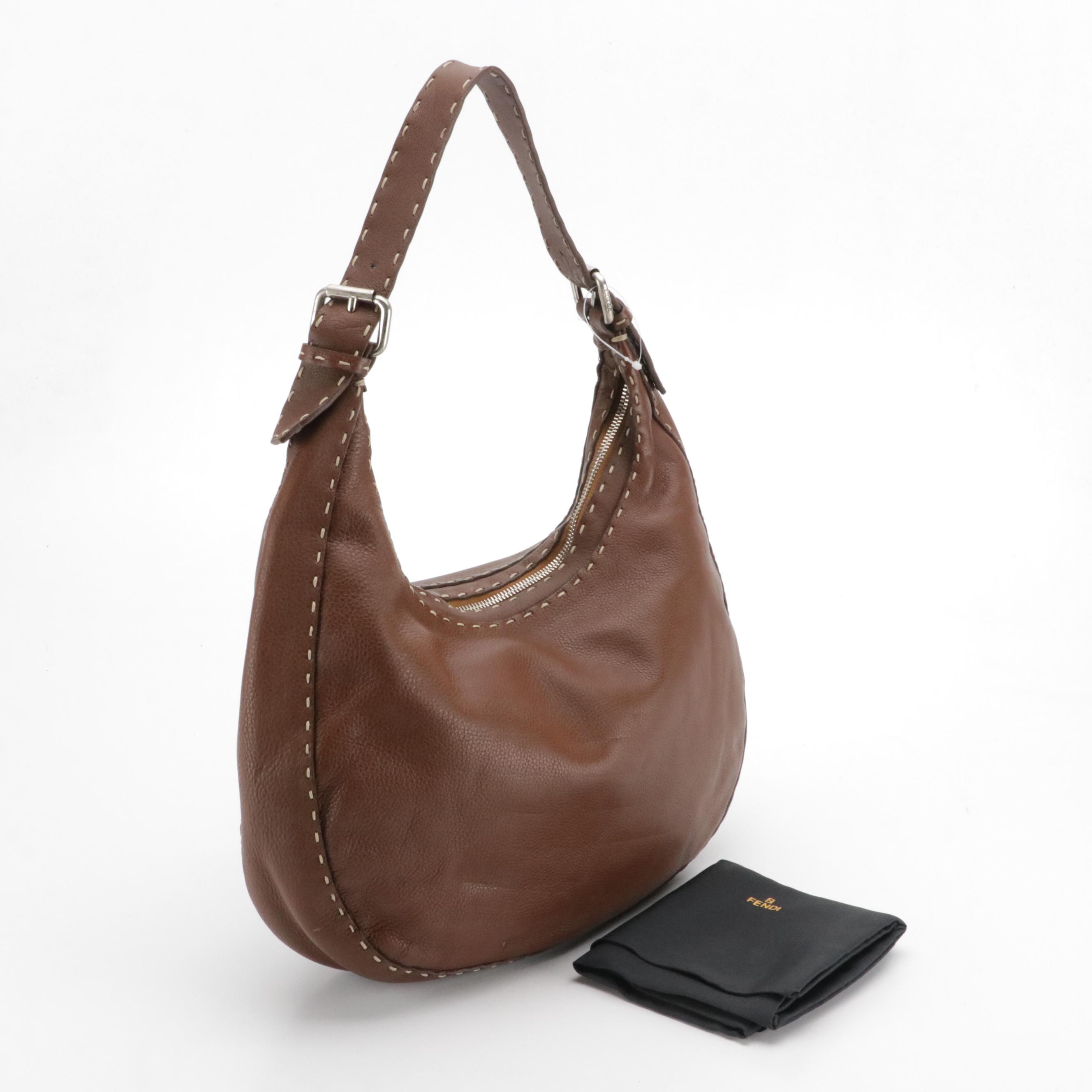 Fendi Selleria Brown Calfskin Leather Hobo Bag with Contrast Running Stitch