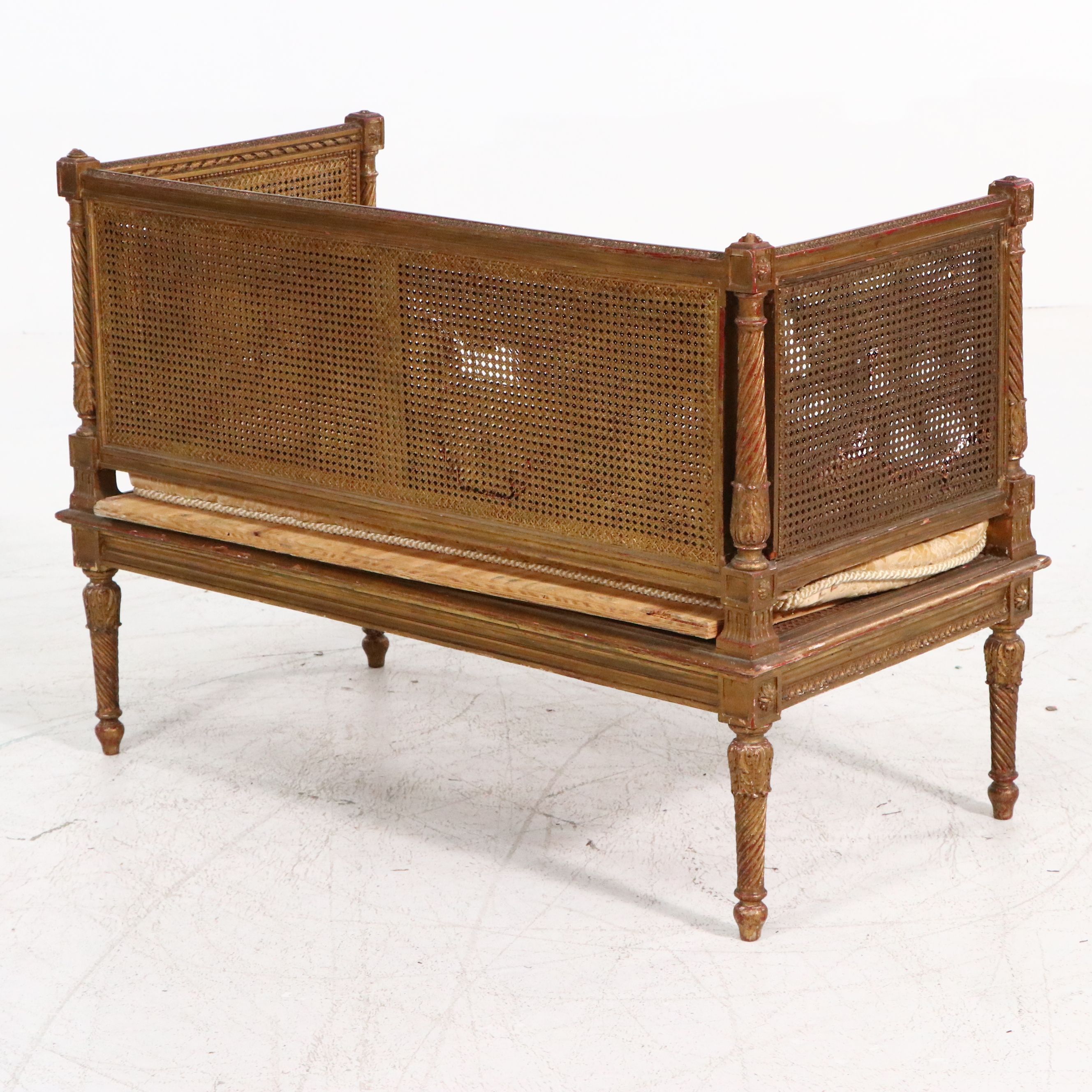 French Louis XVI Style Giltwood and Caned Canapé à Oreilles Settee, Late 19th C.