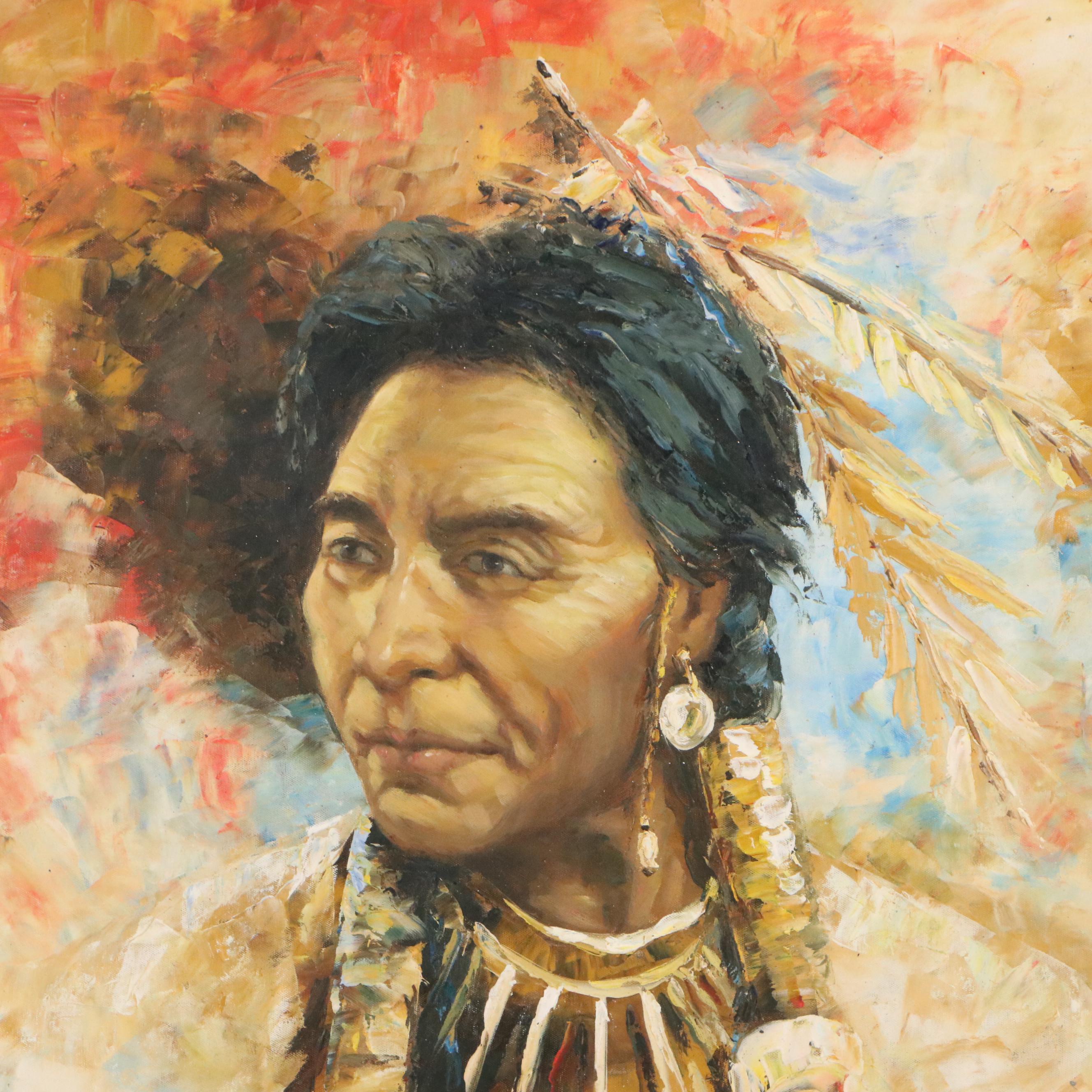 Portrait Oil Painting of Native American, 21st Century