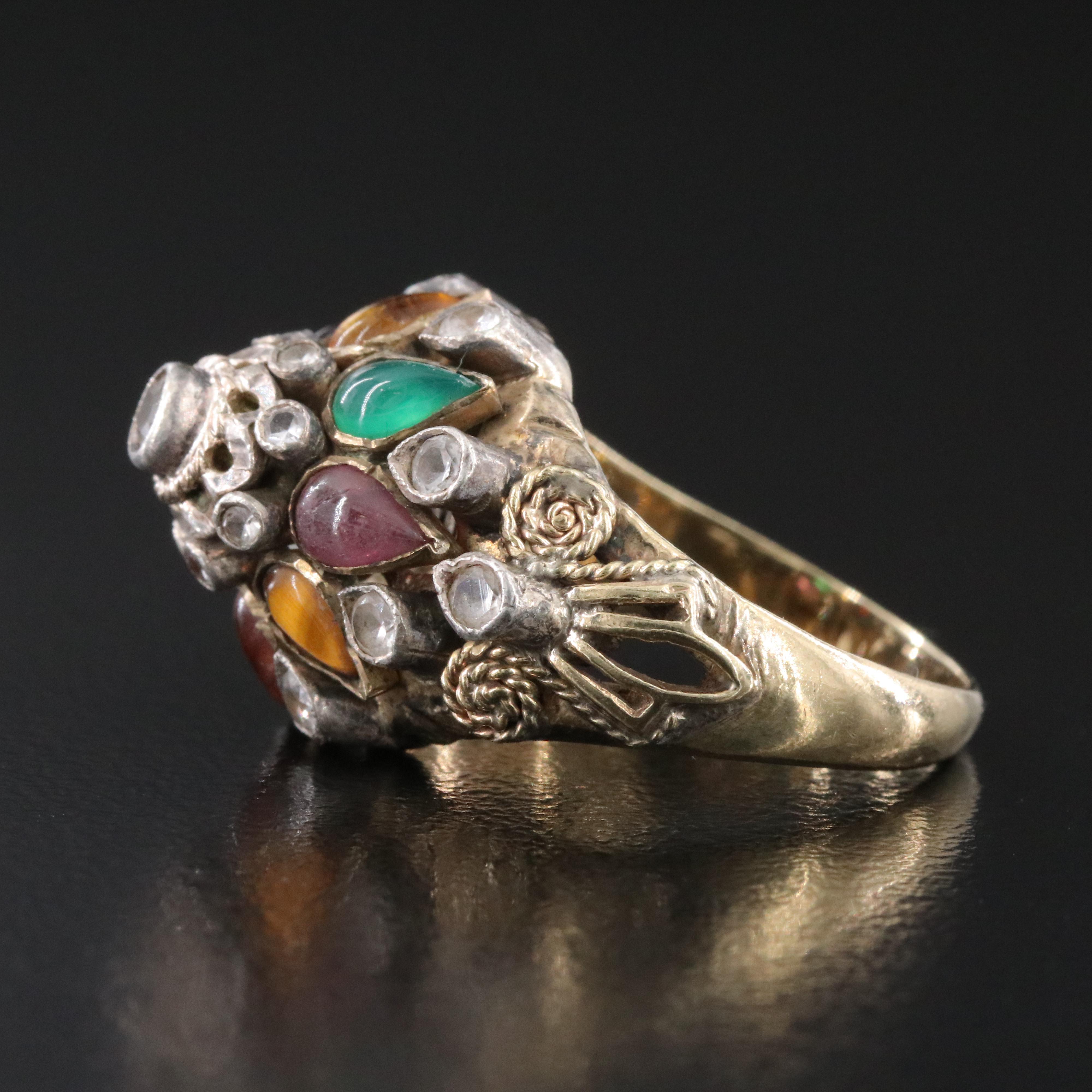10K Thai Princess Ring with Sterling Settings Including Tiger's Eye and Ruby