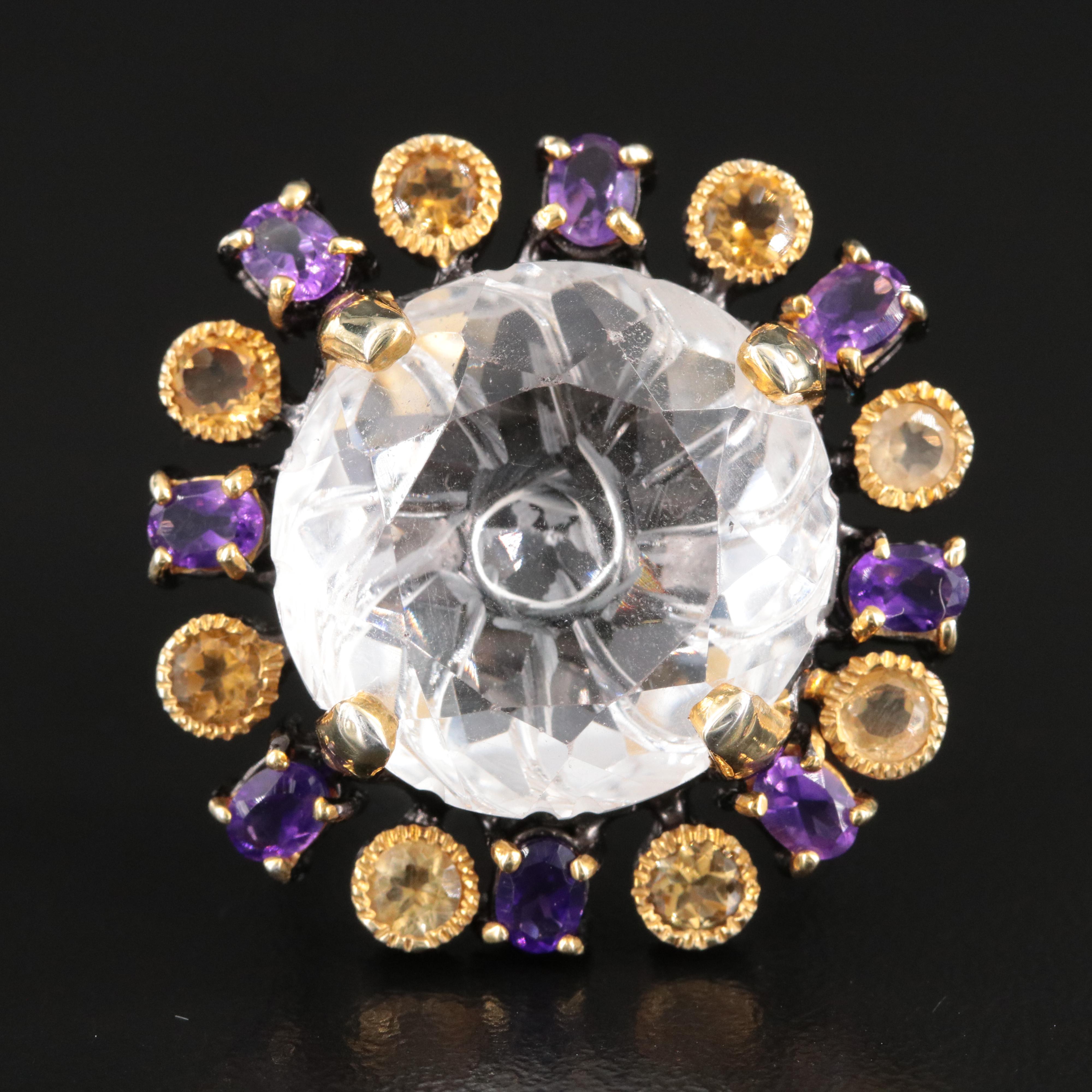 Sterling Rock Crystal, Citrine and Amethyst Halo Ring