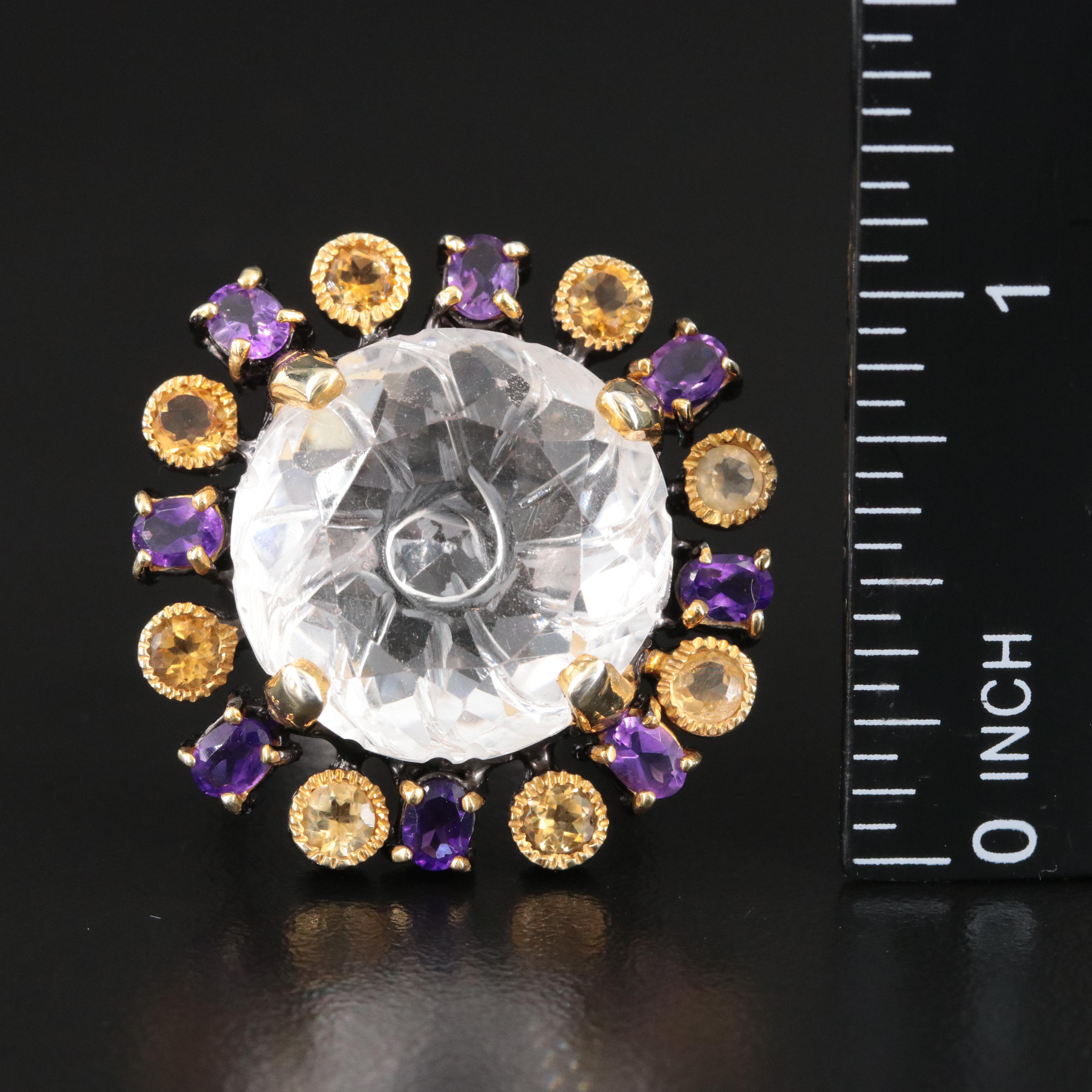 Sterling Rock Crystal, Citrine and Amethyst Halo Ring