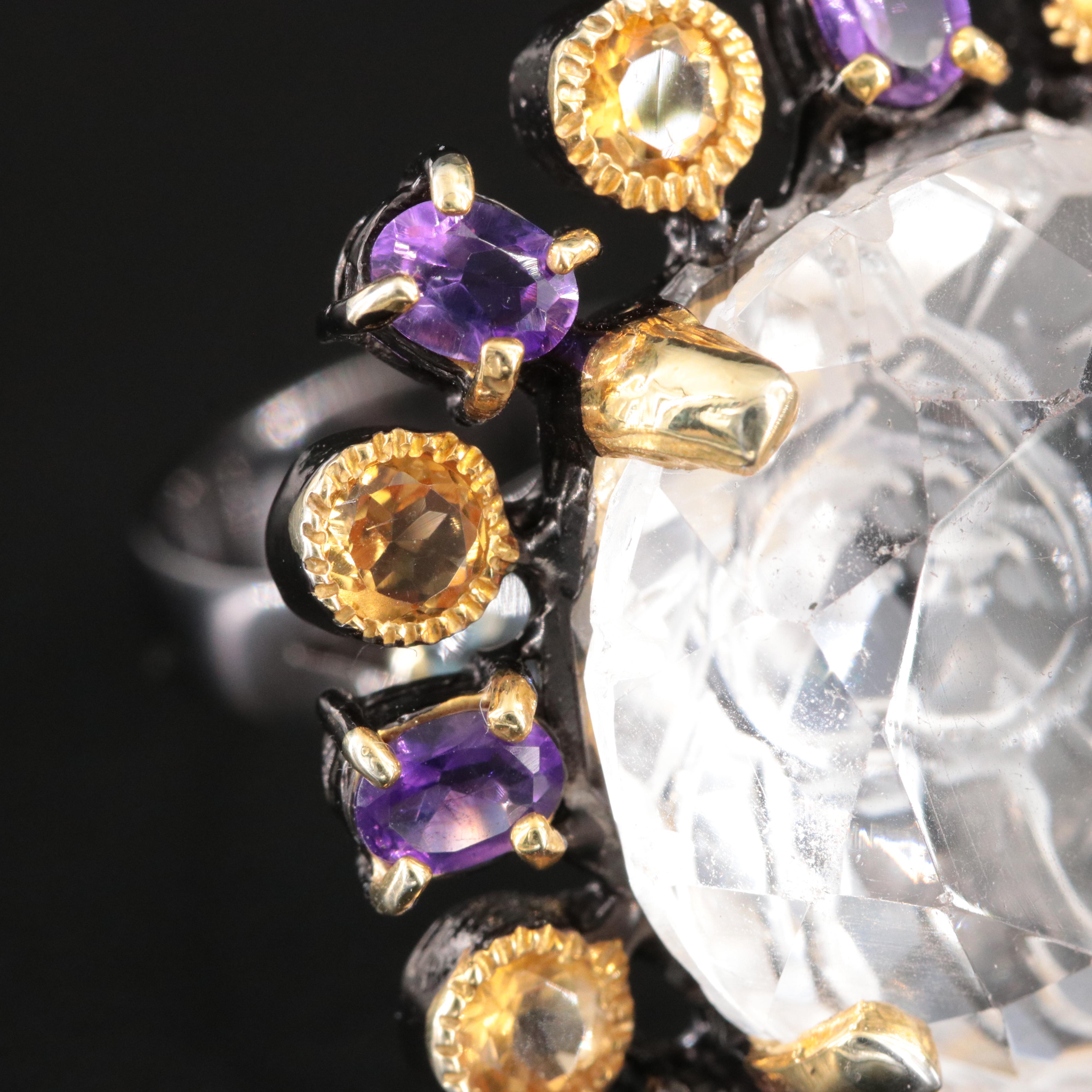 Sterling Rock Crystal, Citrine and Amethyst Halo Ring