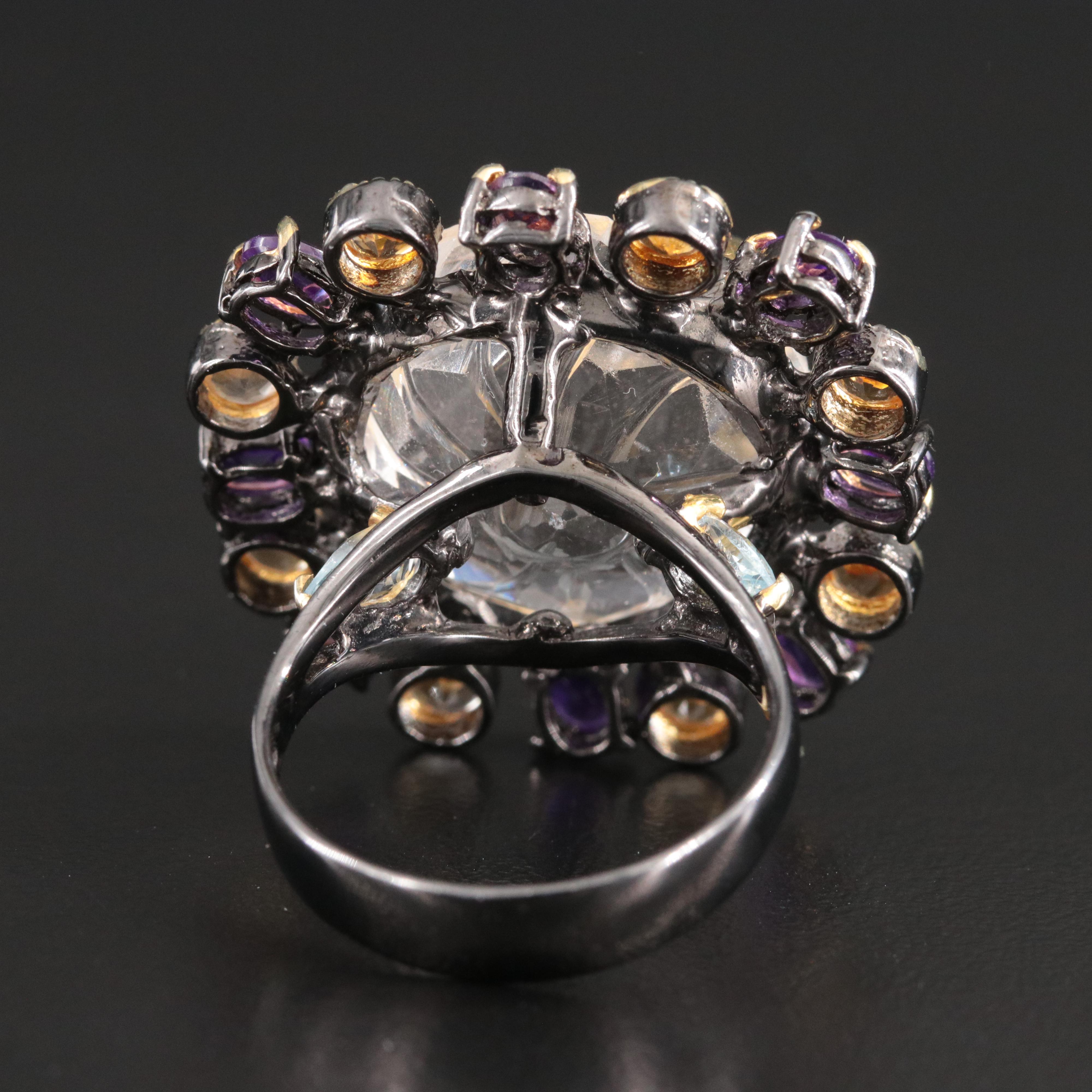 Sterling Rock Crystal, Citrine and Amethyst Halo Ring