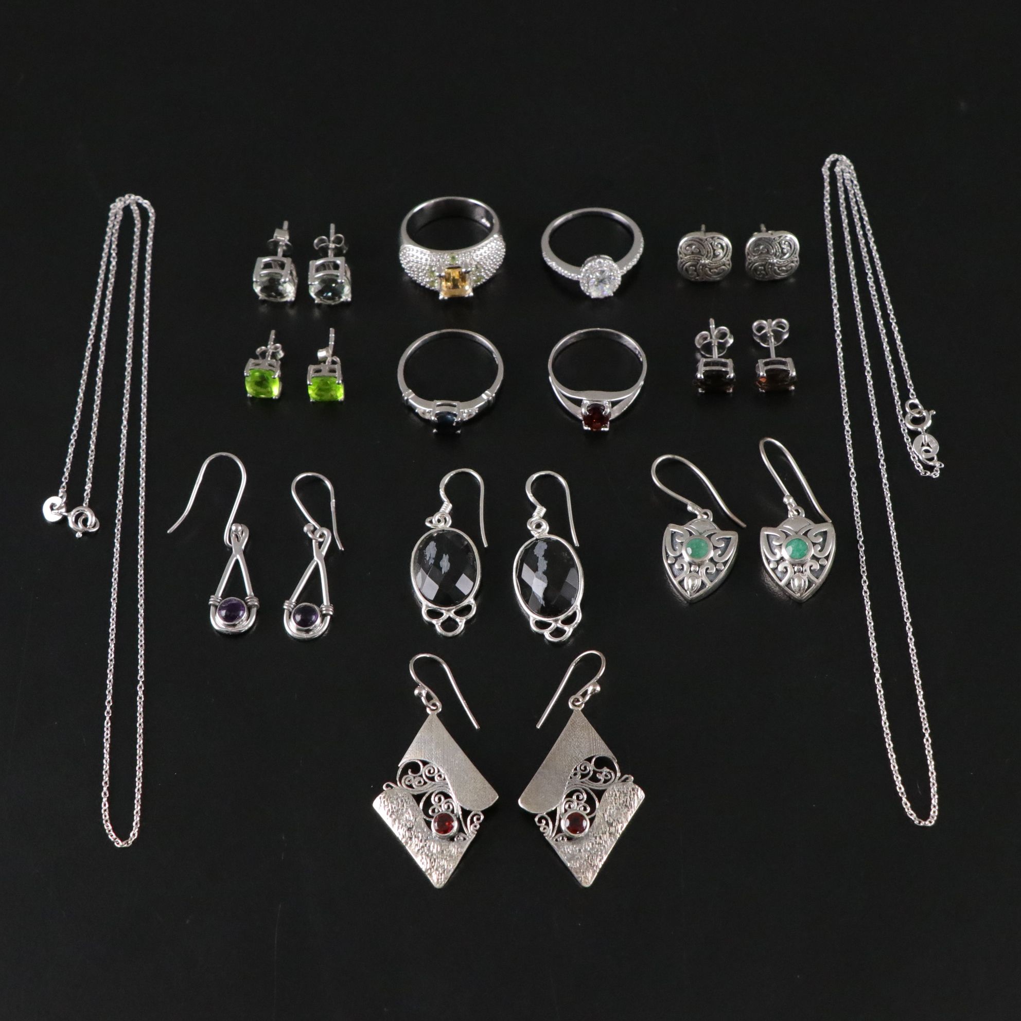 14 Assorted Sterling Silver Rings, Necklaces and Earrings