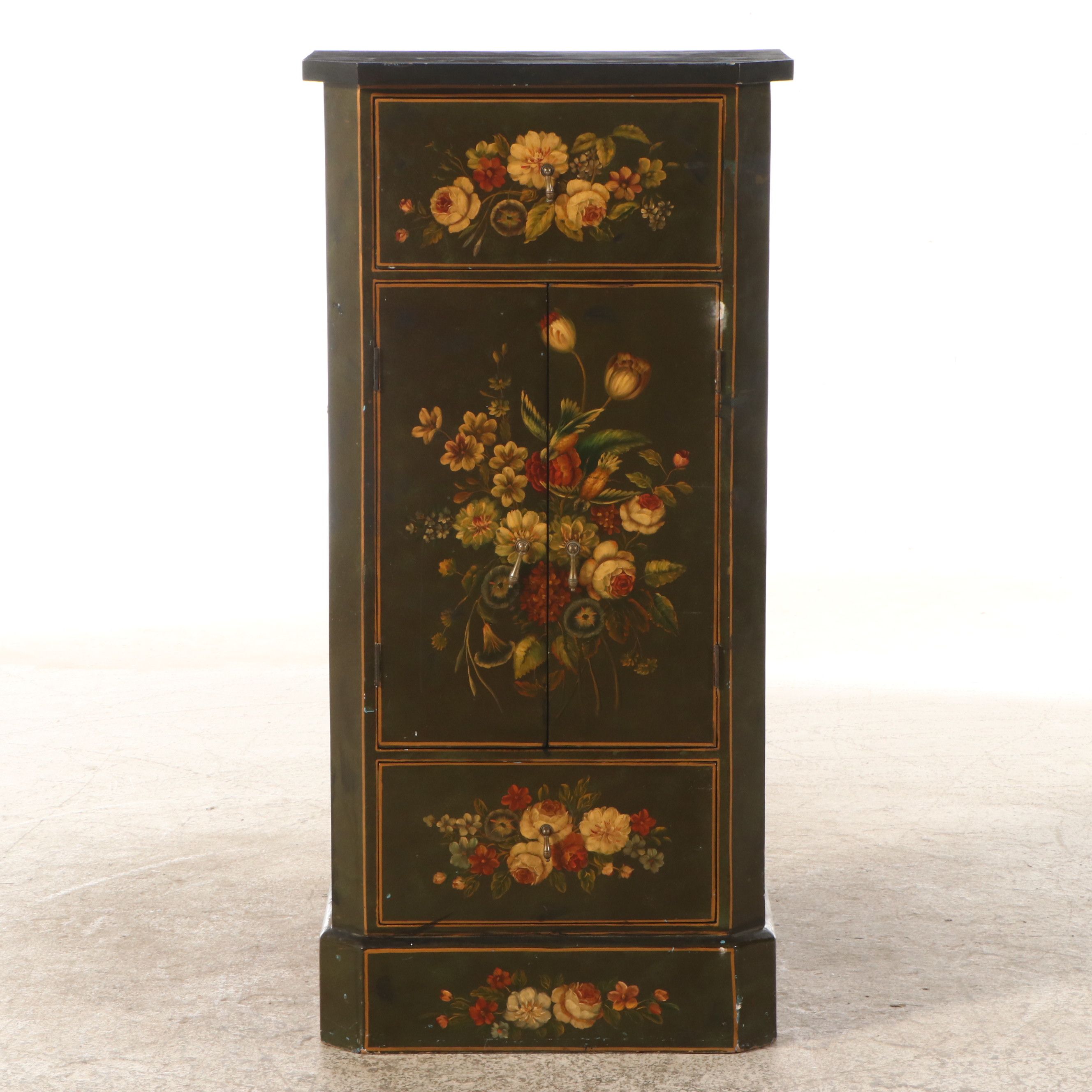 Hand-Painted Cabinet with Decorative Floral Arrangements