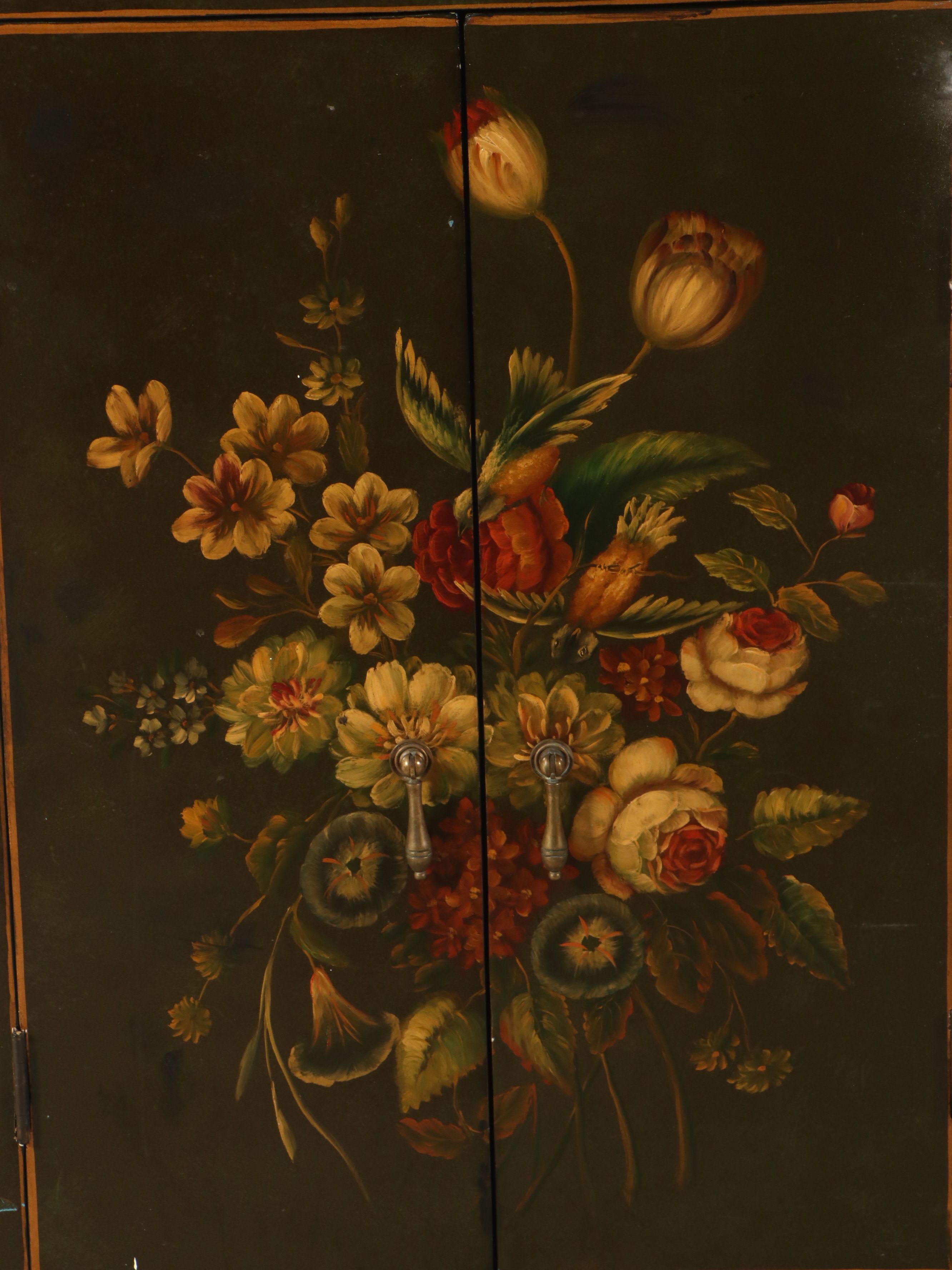 Hand-Painted Cabinet with Decorative Floral Arrangements