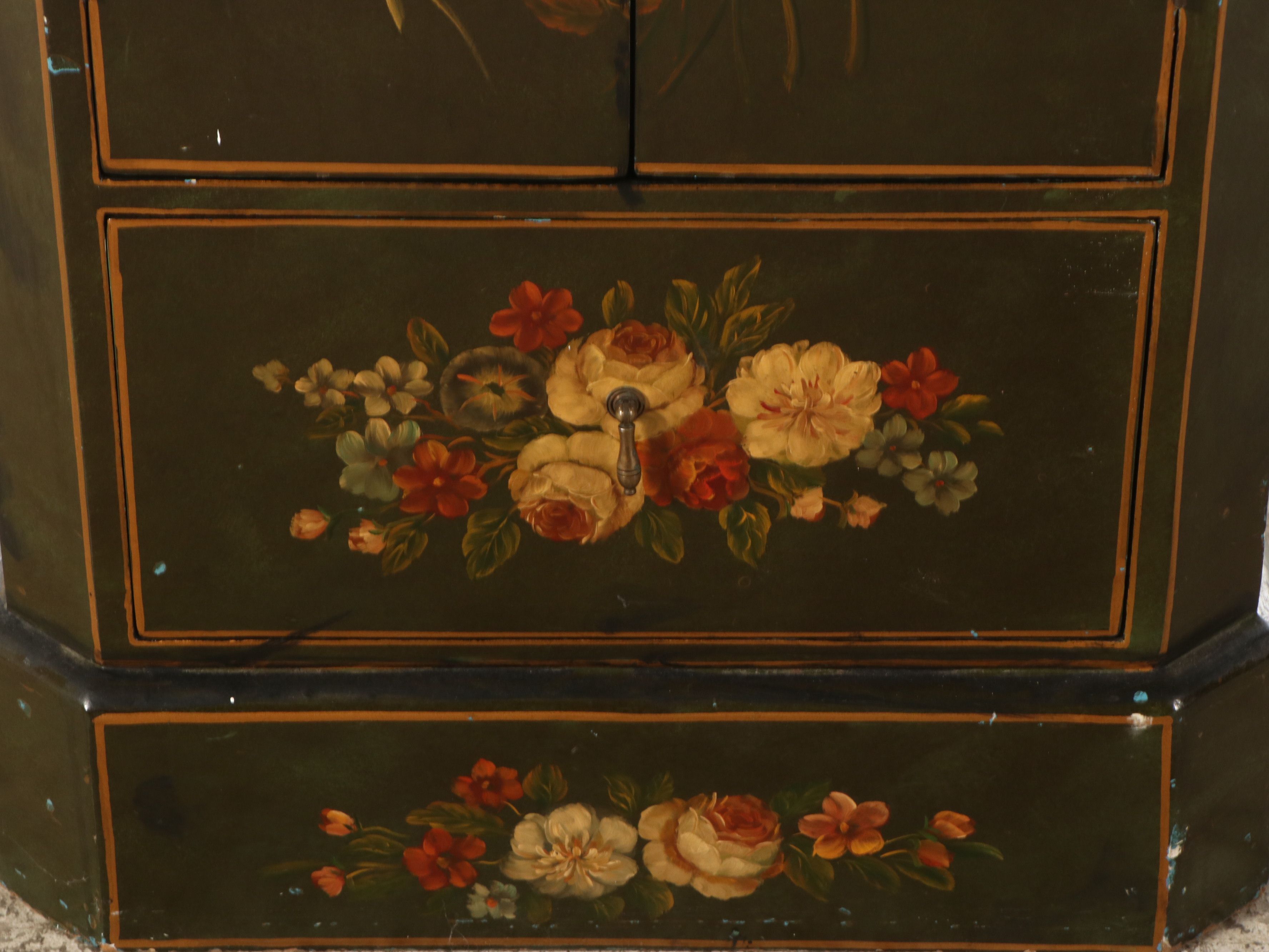 Hand-Painted Cabinet with Decorative Floral Arrangements