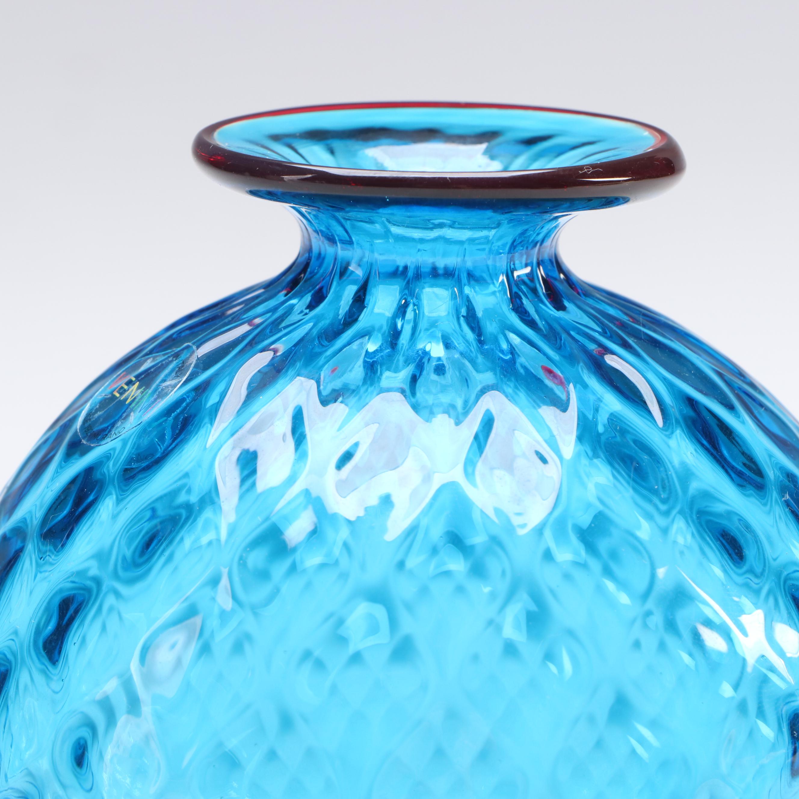 Venini Monofiori Balloton Blue Art Glass with Red Rim Vase, 2016