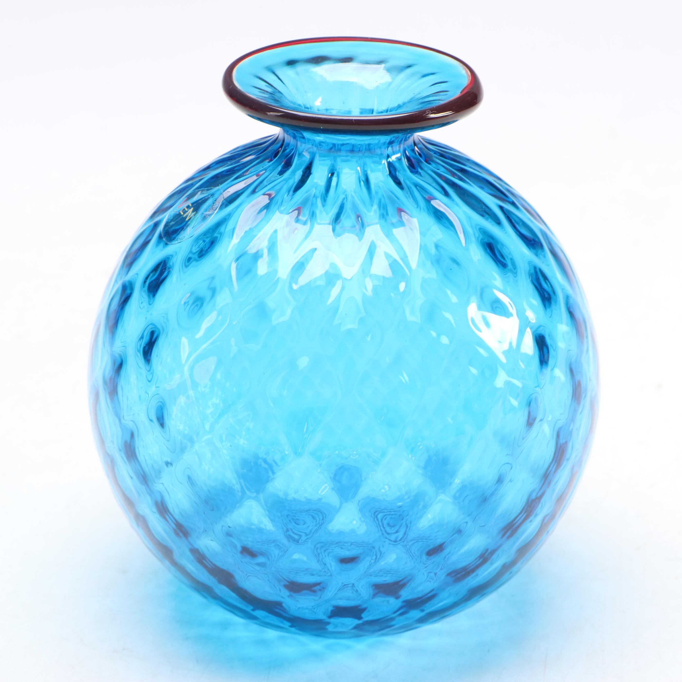 Venini Monofiori Balloton Blue Art Glass with Red Rim Vase, 2016