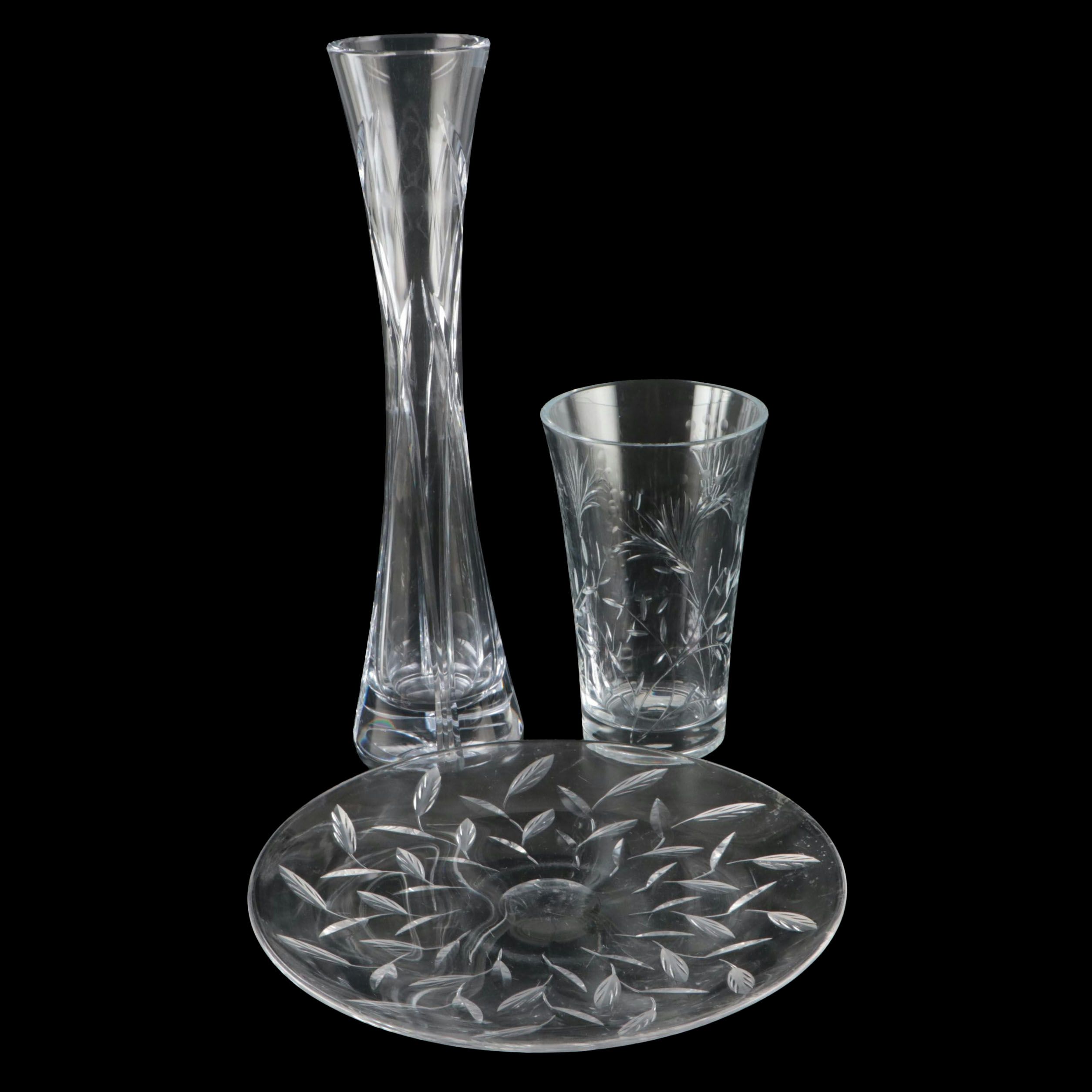 Stuart Crystal Plate with Galway and Other Crystal Vases