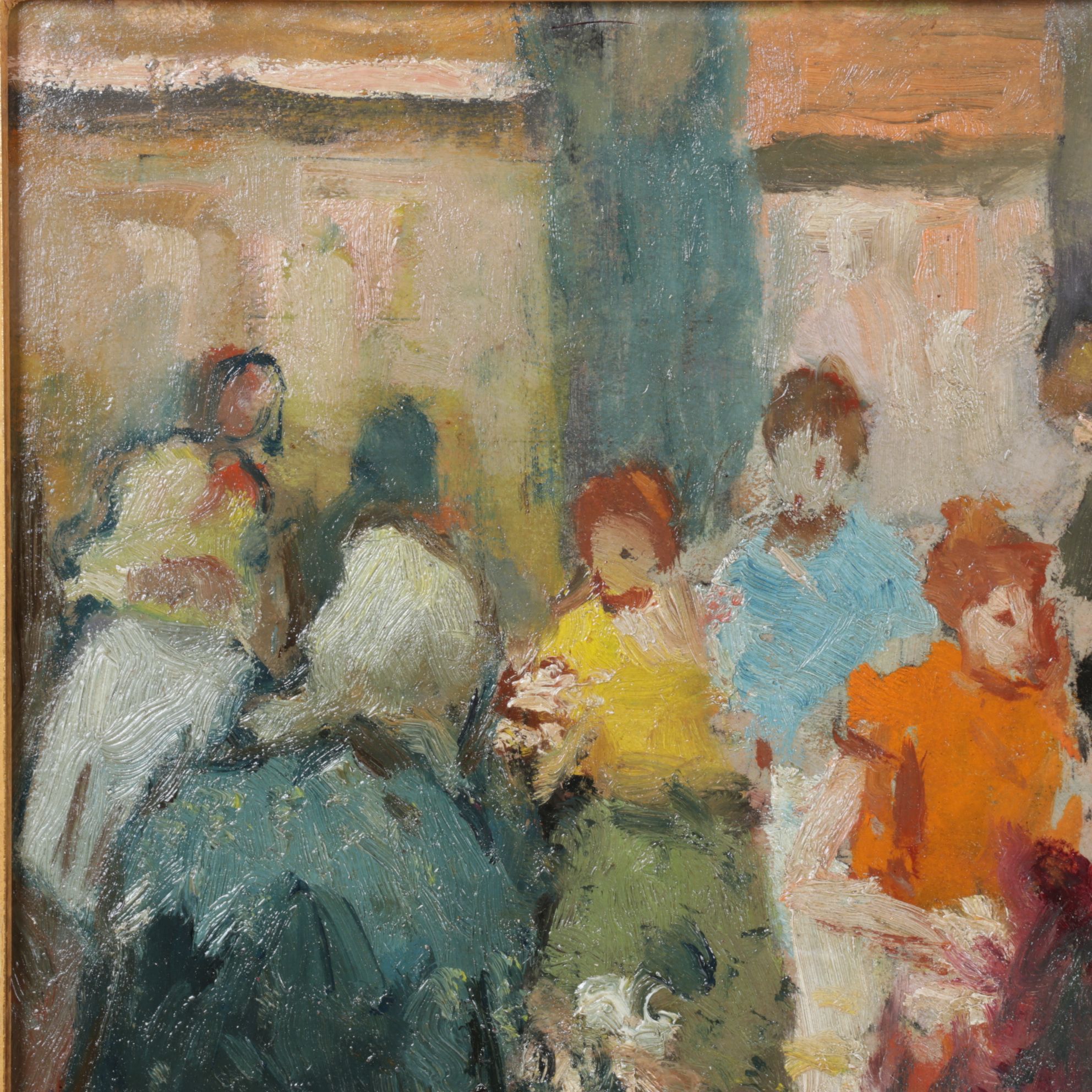 Impressionist Oil Painting Scene of a Crowded Marketplace, Mid-20th Century