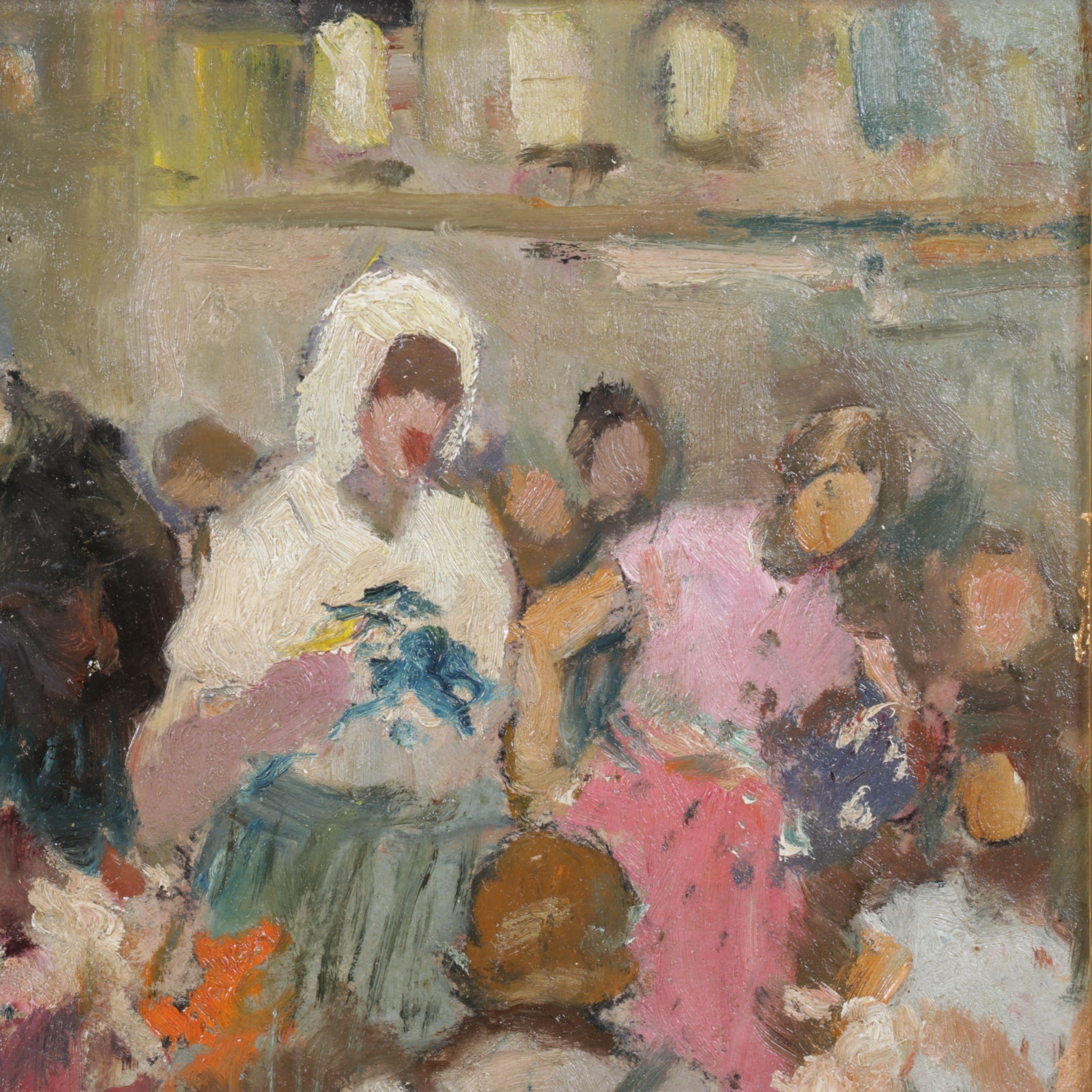 Impressionist Oil Painting Scene of a Crowded Marketplace, Mid-20th Century