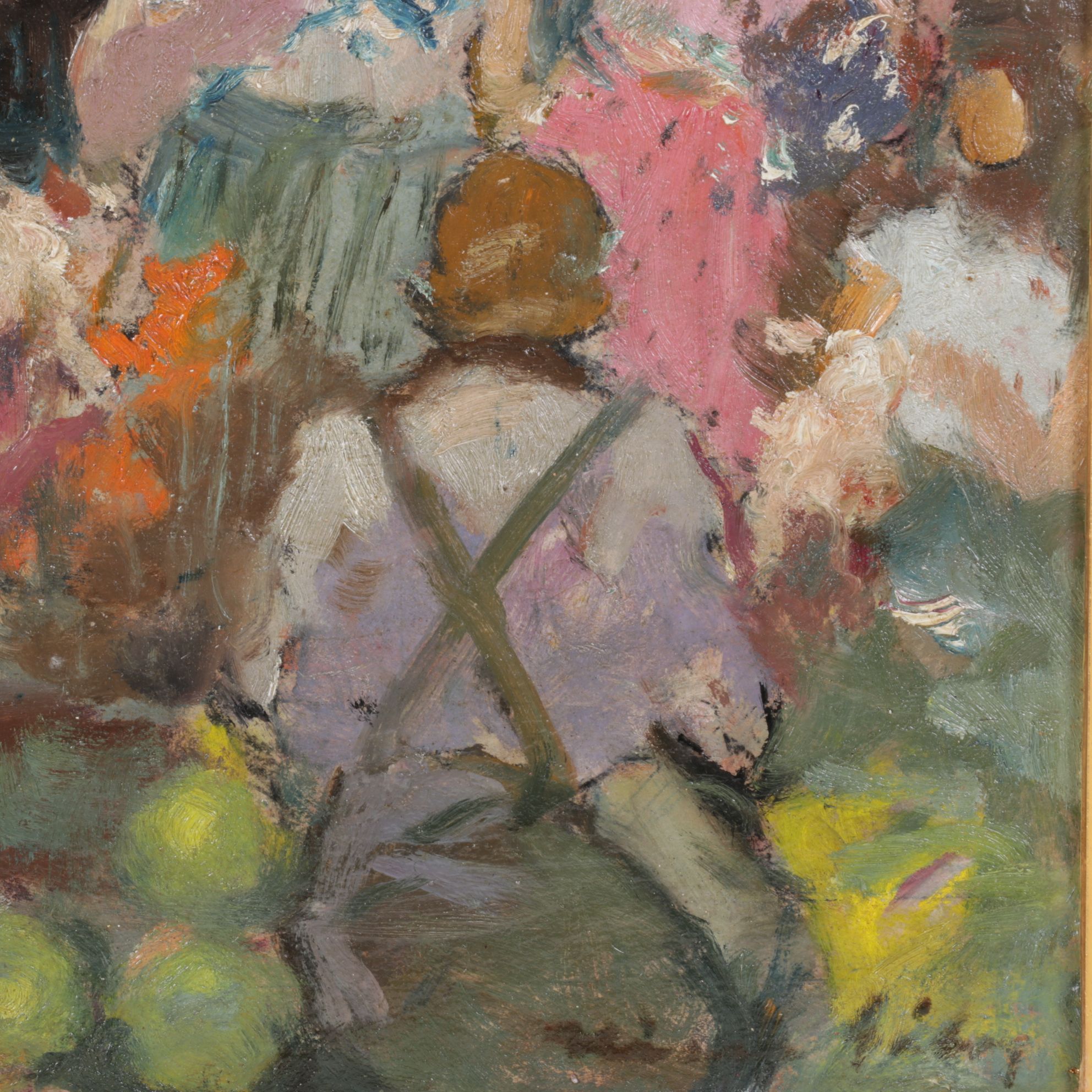 Impressionist Oil Painting Scene of a Crowded Marketplace, Mid-20th Century