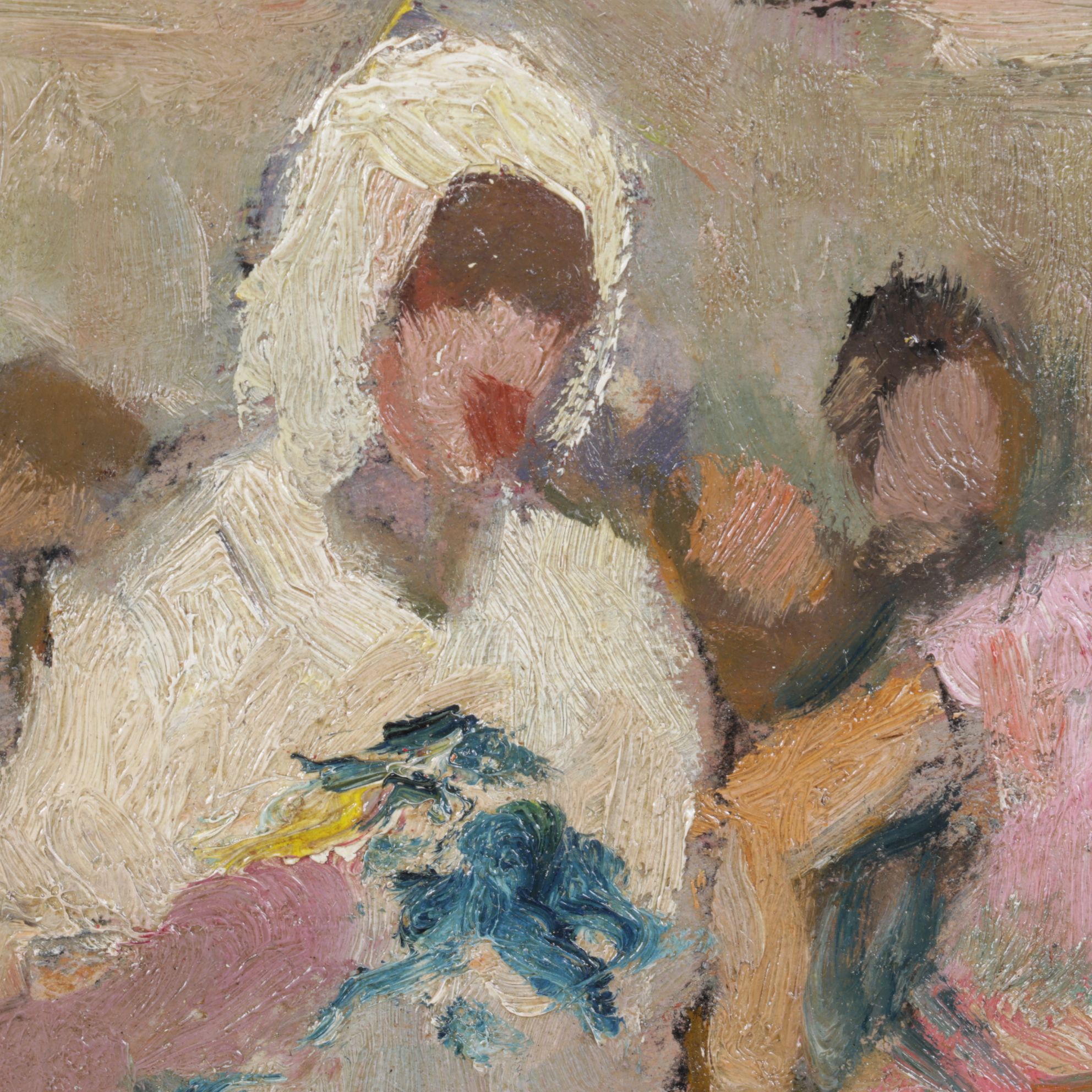 Impressionist Oil Painting Scene of a Crowded Marketplace, Mid-20th Century