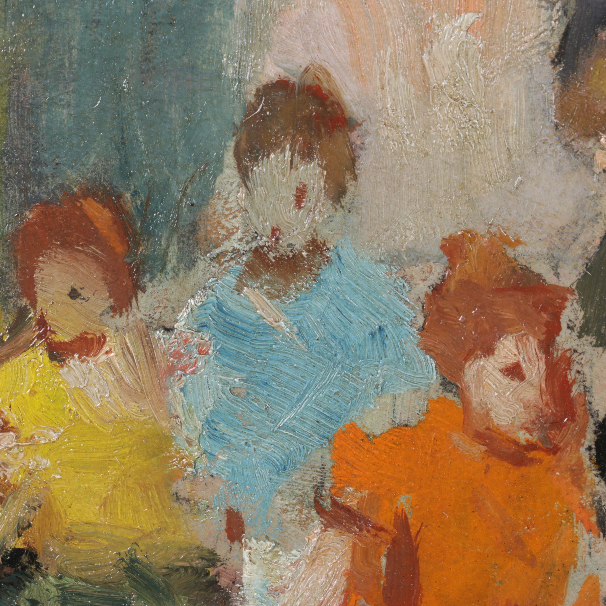 Impressionist Oil Painting Scene of a Crowded Marketplace, Mid-20th Century