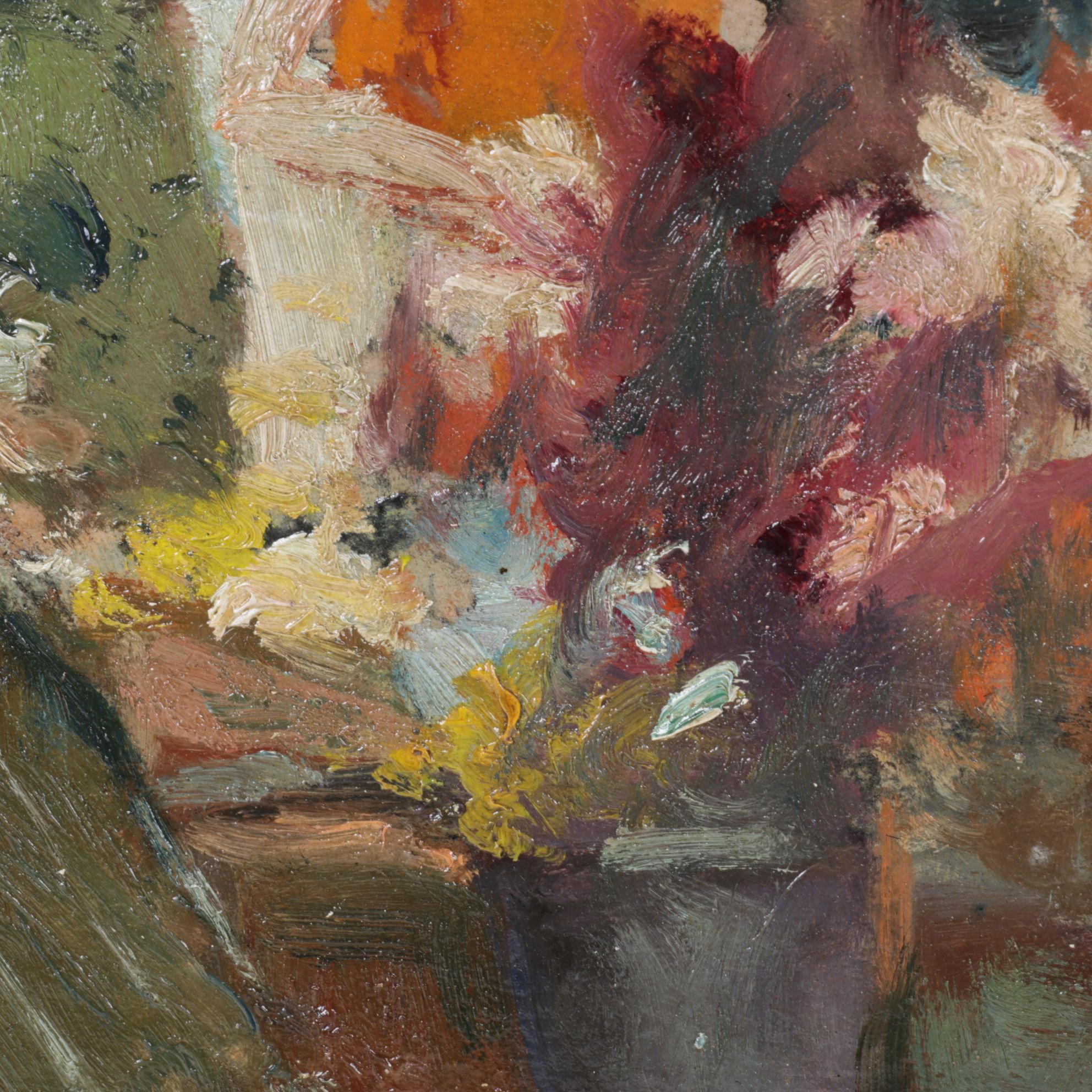 Impressionist Oil Painting Scene of a Crowded Marketplace, Mid-20th Century