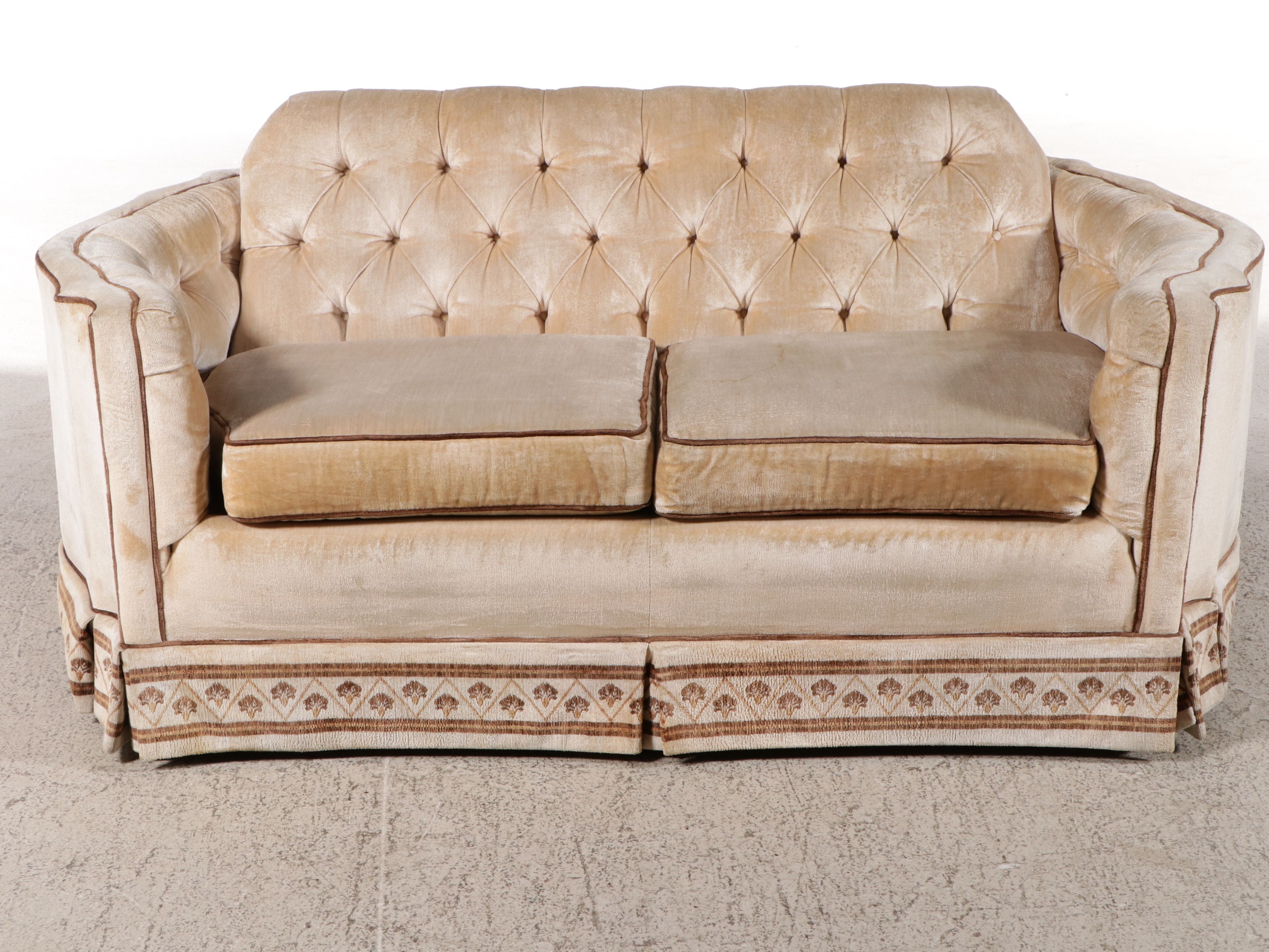 Hollywood Regency Button-Tufted Velour Upholstered Loveseat, Mid-20th Century