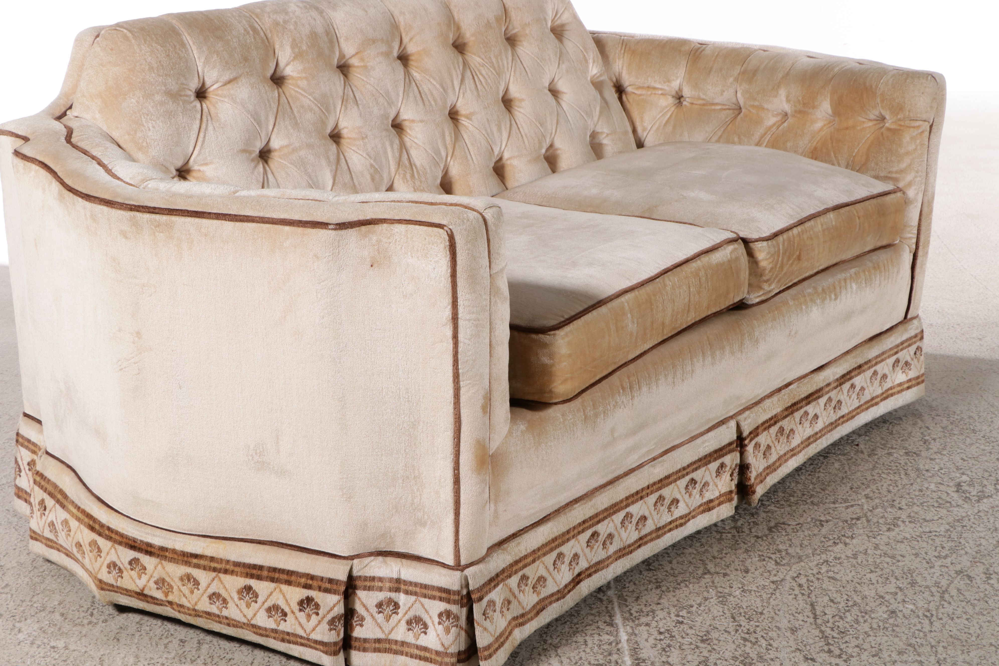 Hollywood Regency Button-Tufted Velour Upholstered Loveseat, Mid-20th Century