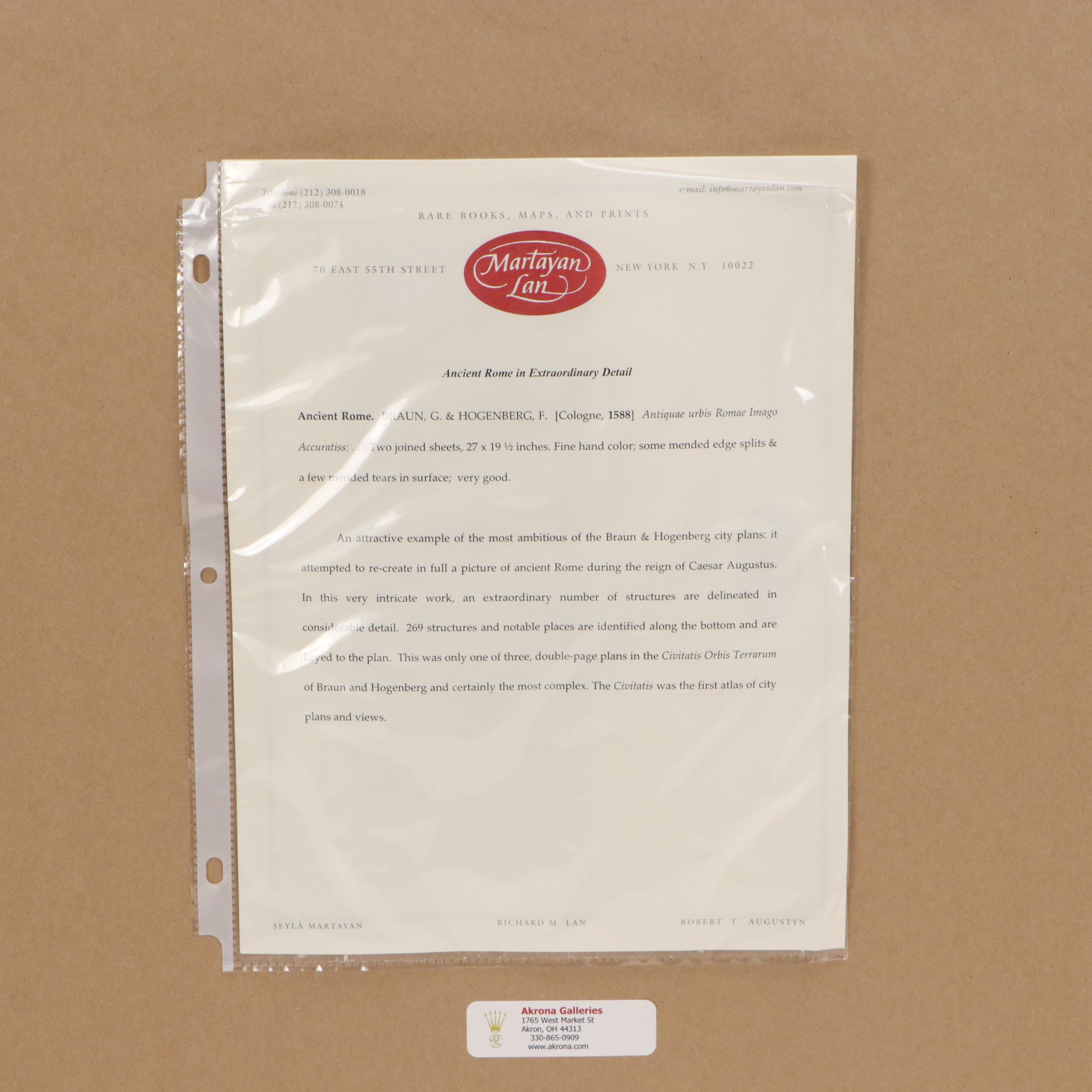 Braun & Hogenberg Hand-Colored Map Engraving of Ancient Rome, 1588